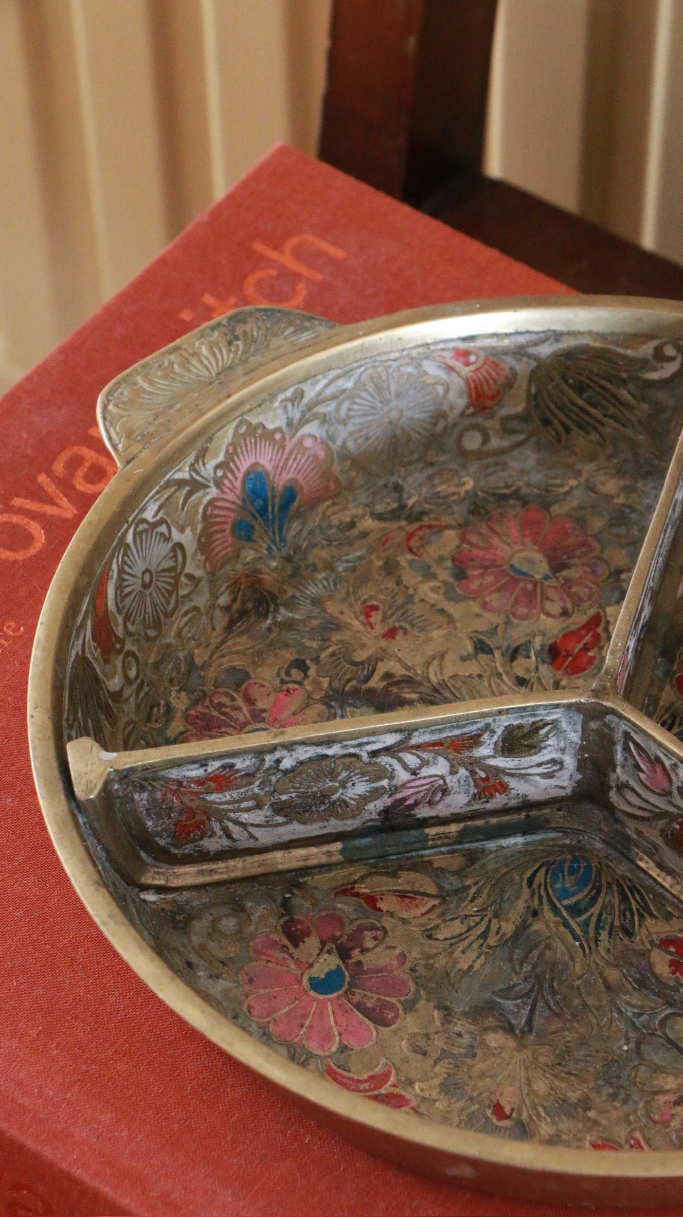 Hand Painted Brass Divided Dish Floral Design