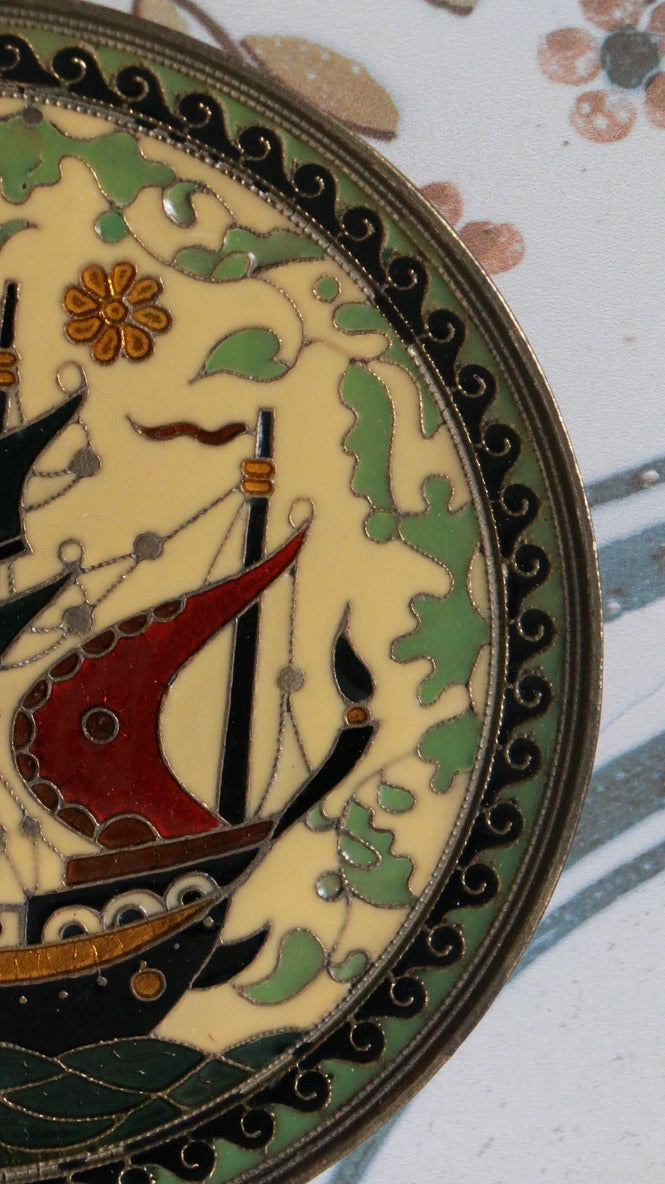 Vintage Cloisonné Wall Plate Ship Motif