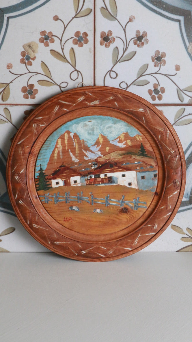 Vintage Hand-Painted Tyrolean Wooden Plate – Rustic Mountain Scene