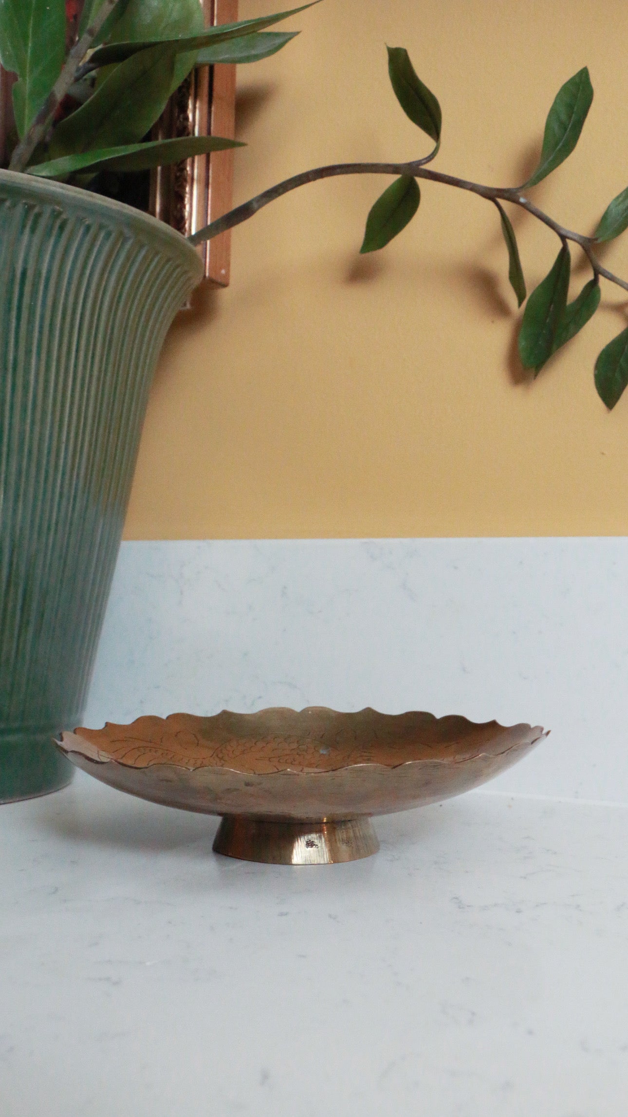 Vintage Chinese Brass Pedestal Dish with Hand-Etched Dragon Motif