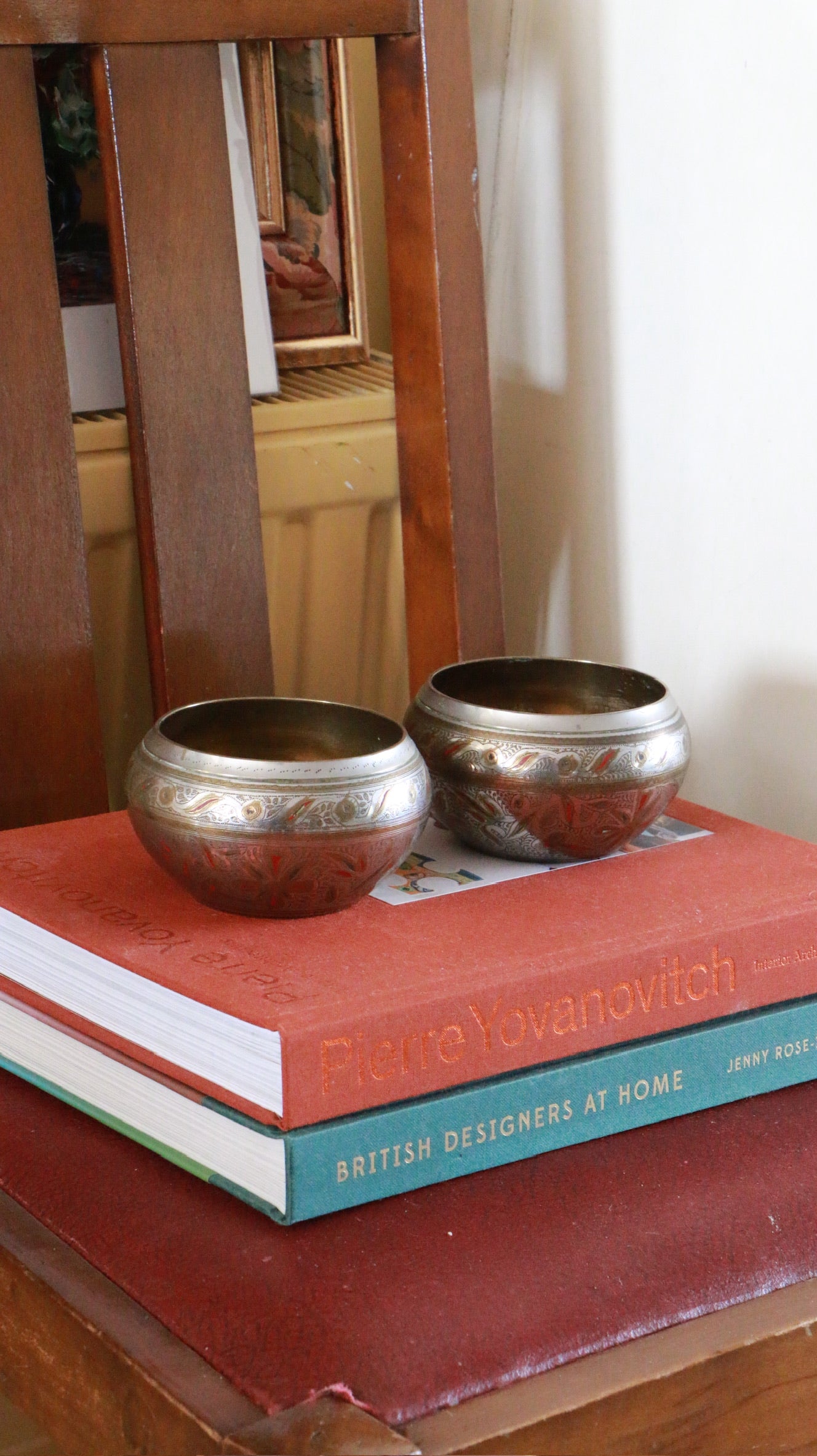 2x Vintage Hand‑Engraved Indian Brass Bowl