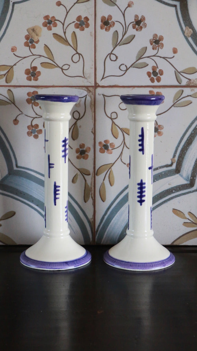 Pair of Vintage Blue and White Ceramic Candle Holders