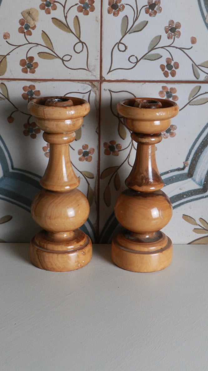 Pair of Vintage Hand-Turned Wooden Candlesticks