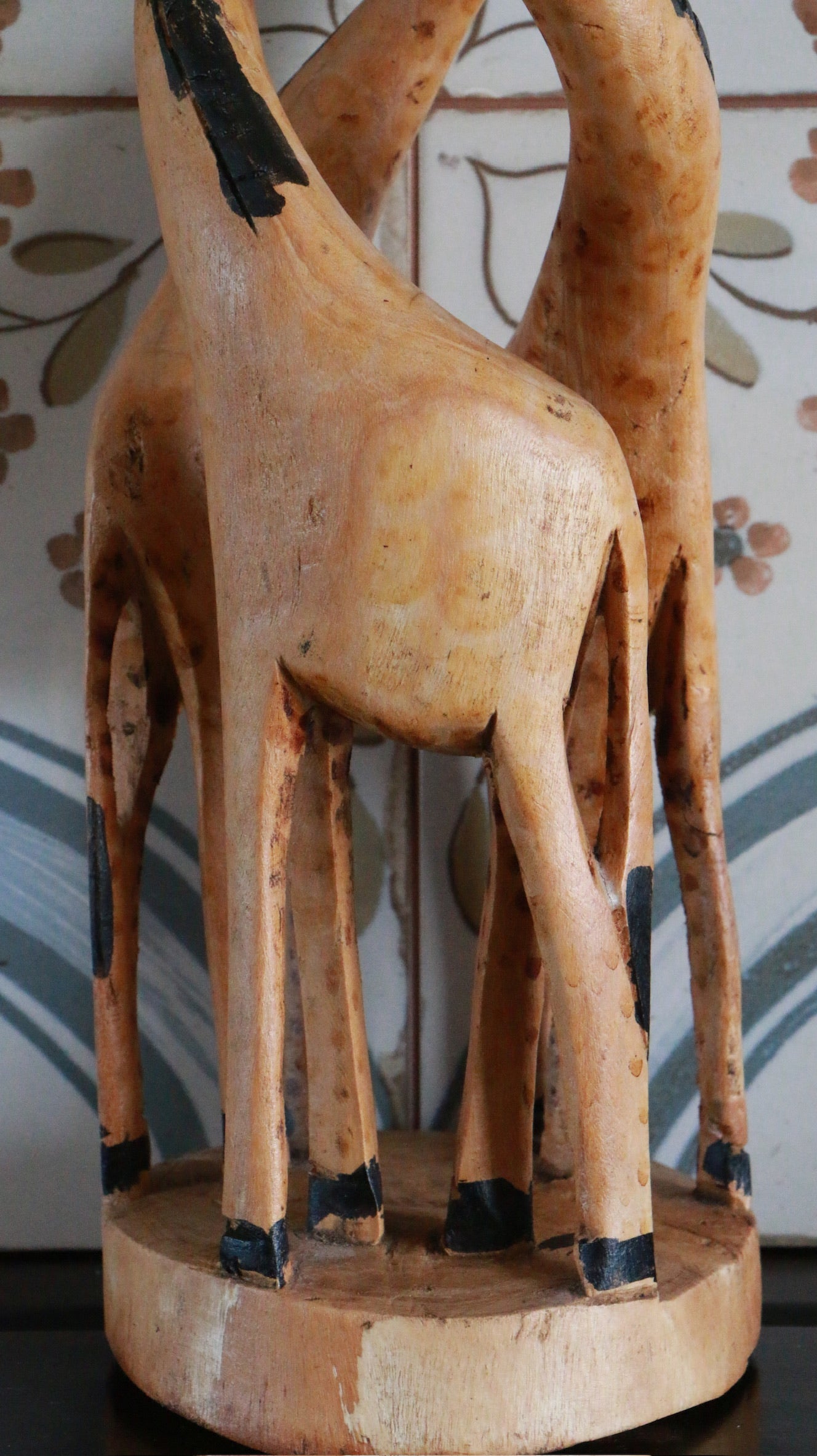 Vintage Hand Carved Wooden Intertwined Giraffe Trio Figurine