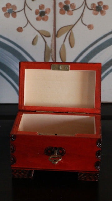Vibrant Red Wooden Jewelry Chest with Key