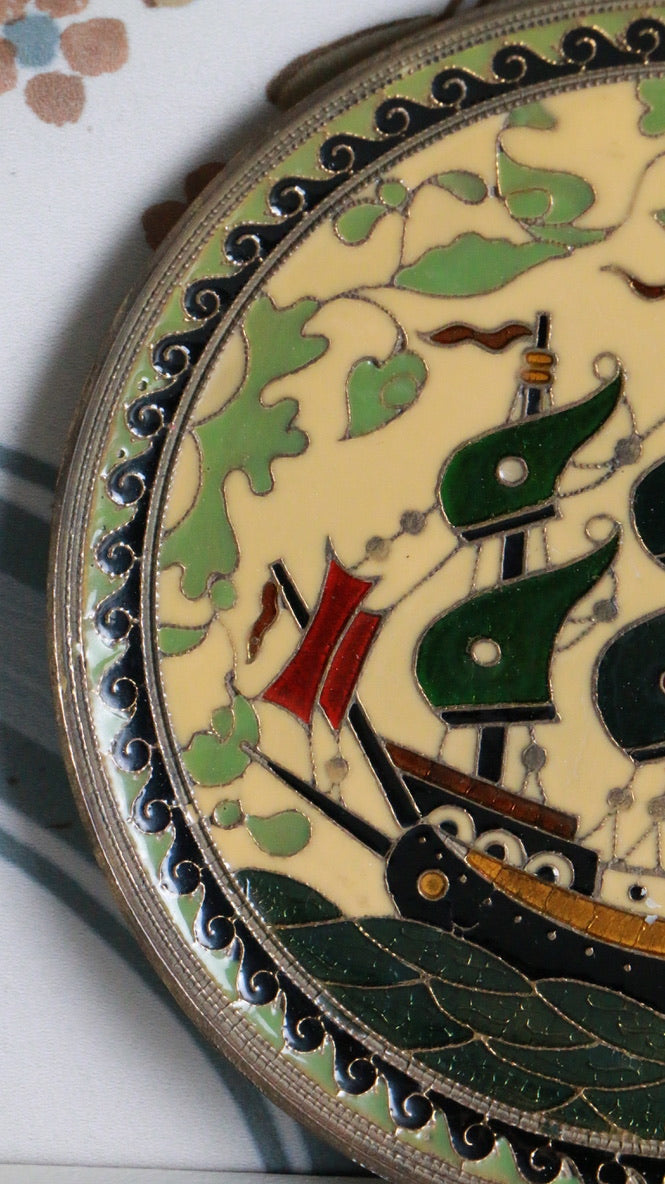 Vintage Cloisonné Wall Plate Ship Motif