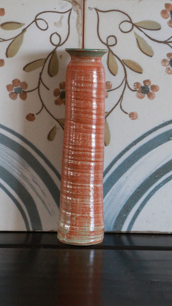 Tall Spiral Rust & Green Pottery Vase Signed Ros