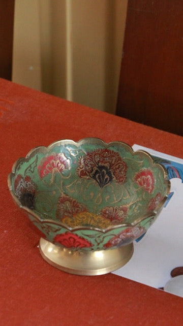 Vintage Brass Enamel Scalloped Bowl with Floral Motif