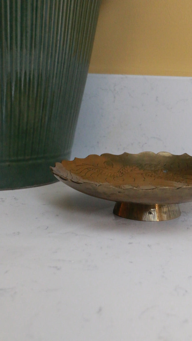 Vintage Chinese Brass Pedestal Dish with Hand-Etched Dragon Motif