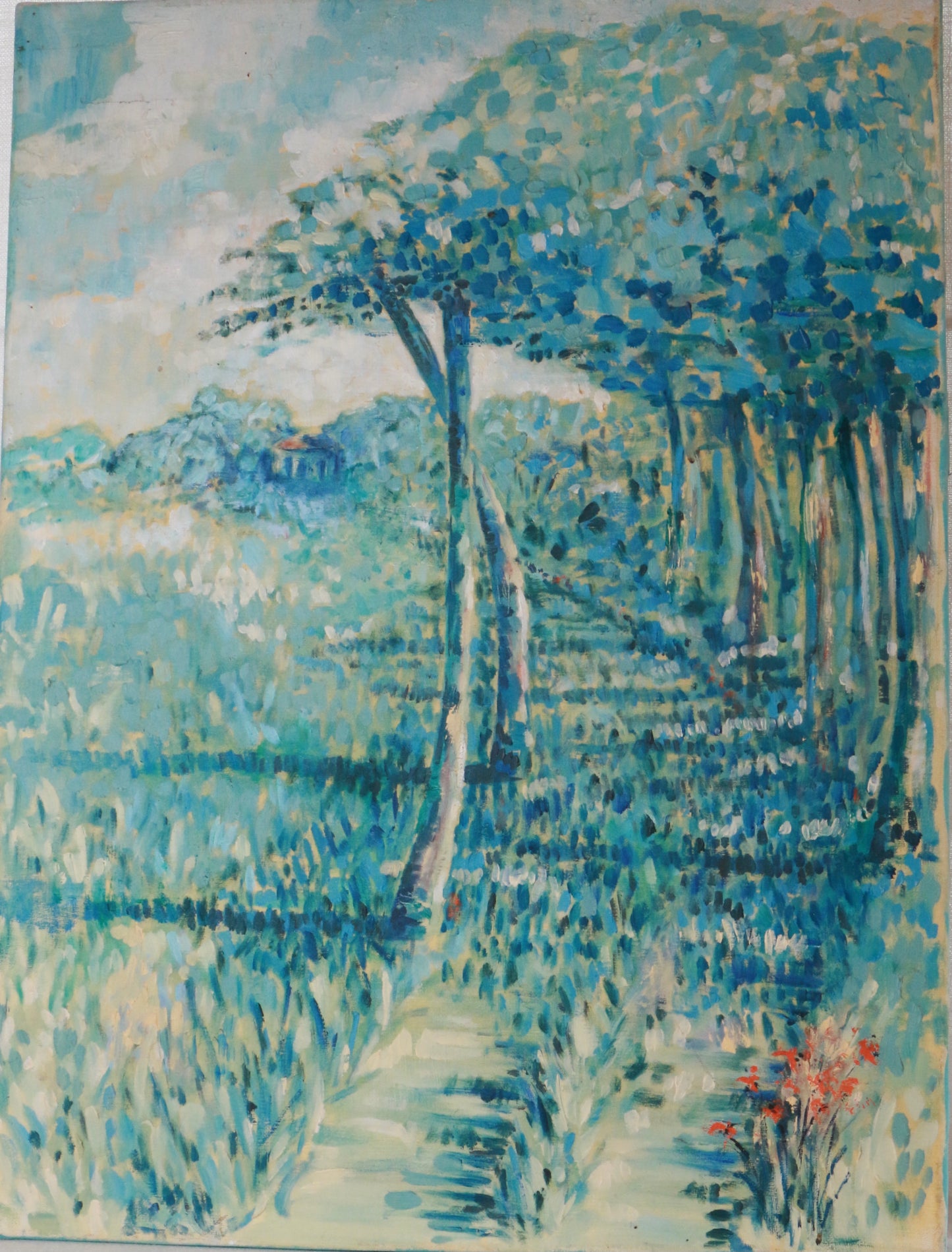 Original Vintage Landscape Painting in Calming Blue Tones