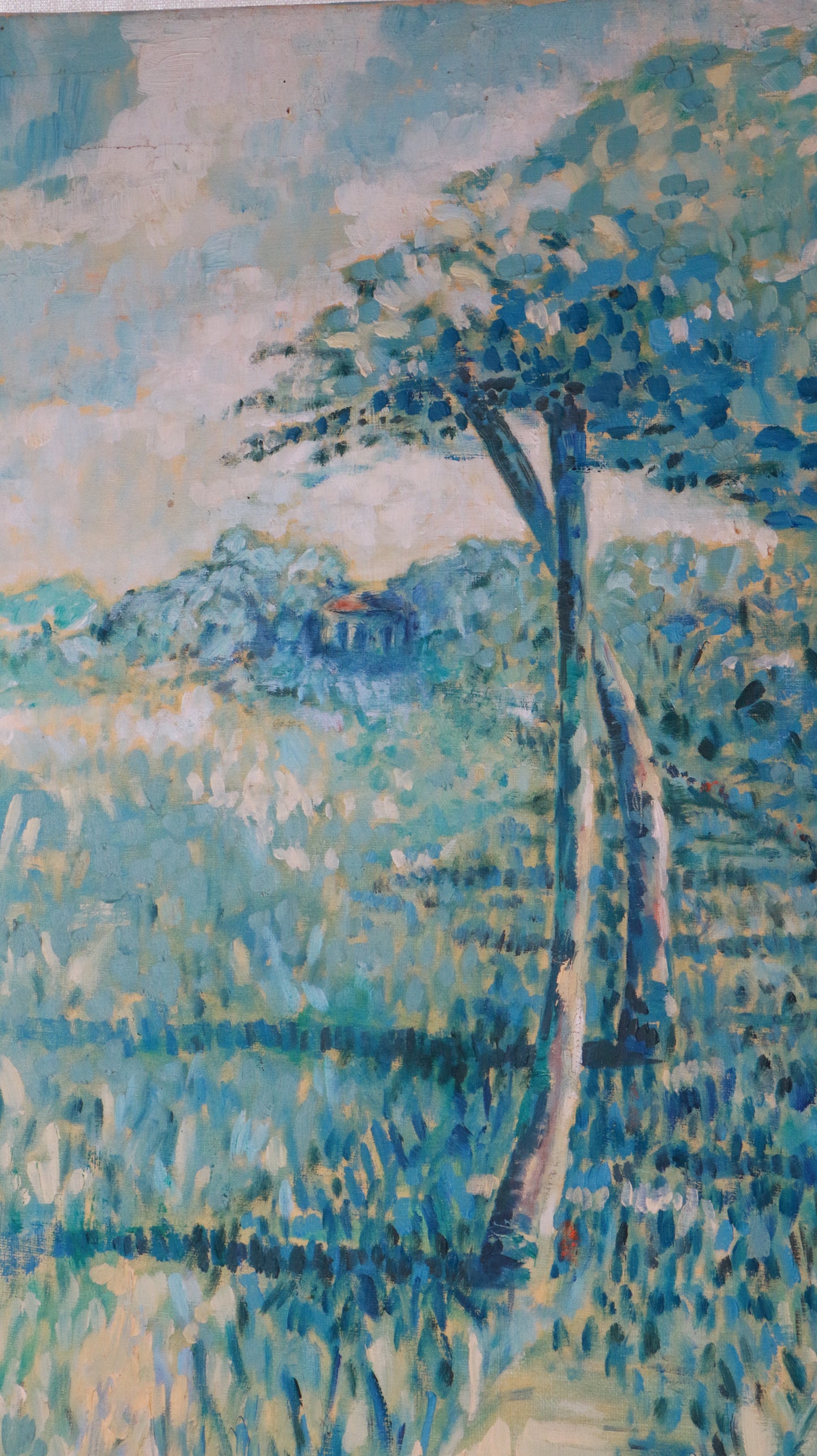 Original Vintage Landscape Painting in Calming Blue Tones