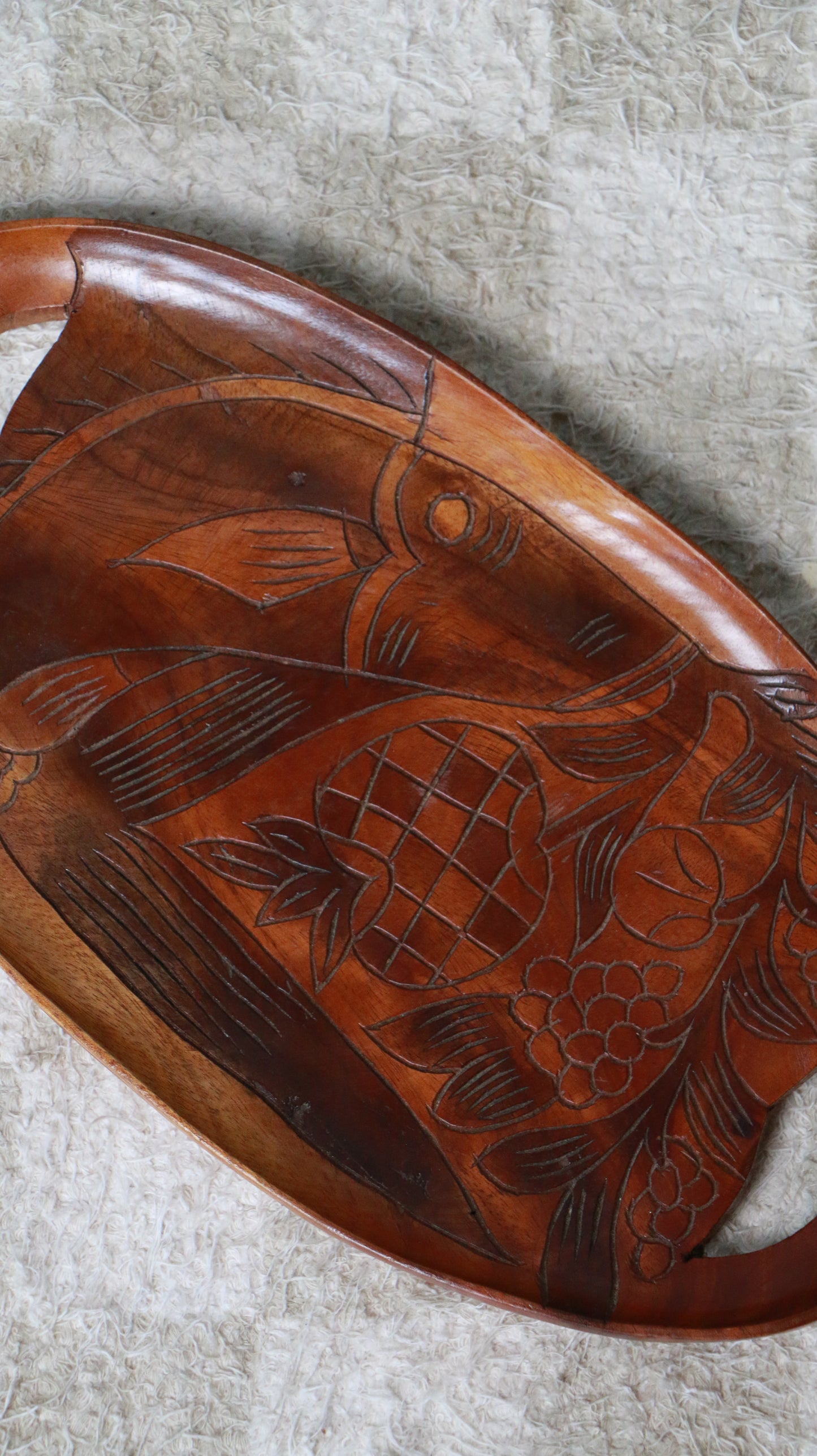Vintage Hand-Carved Wooden Tray with Fruit & Fish Motif