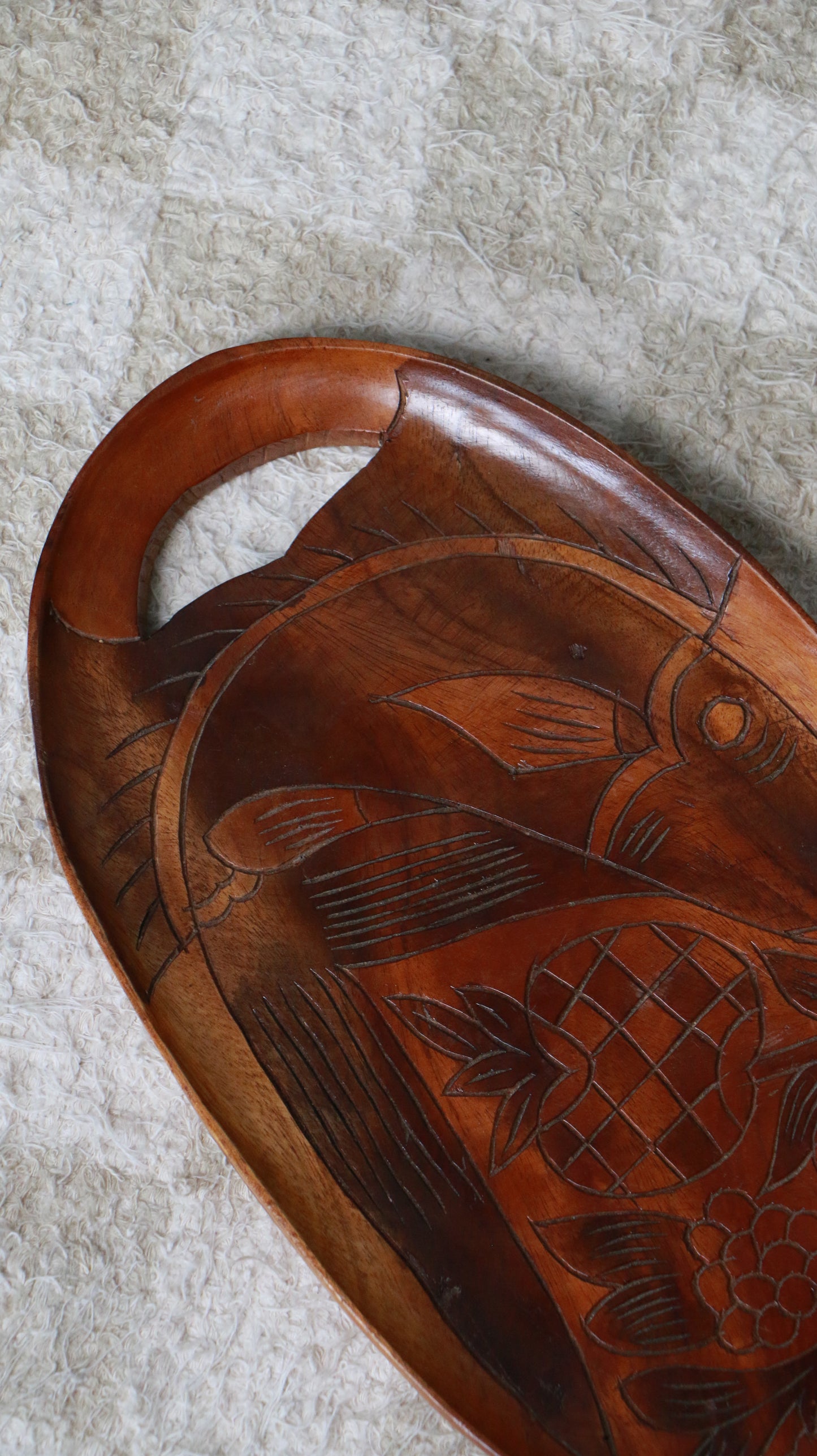 Vintage Hand-Carved Wooden Tray with Fruit & Fish Motif