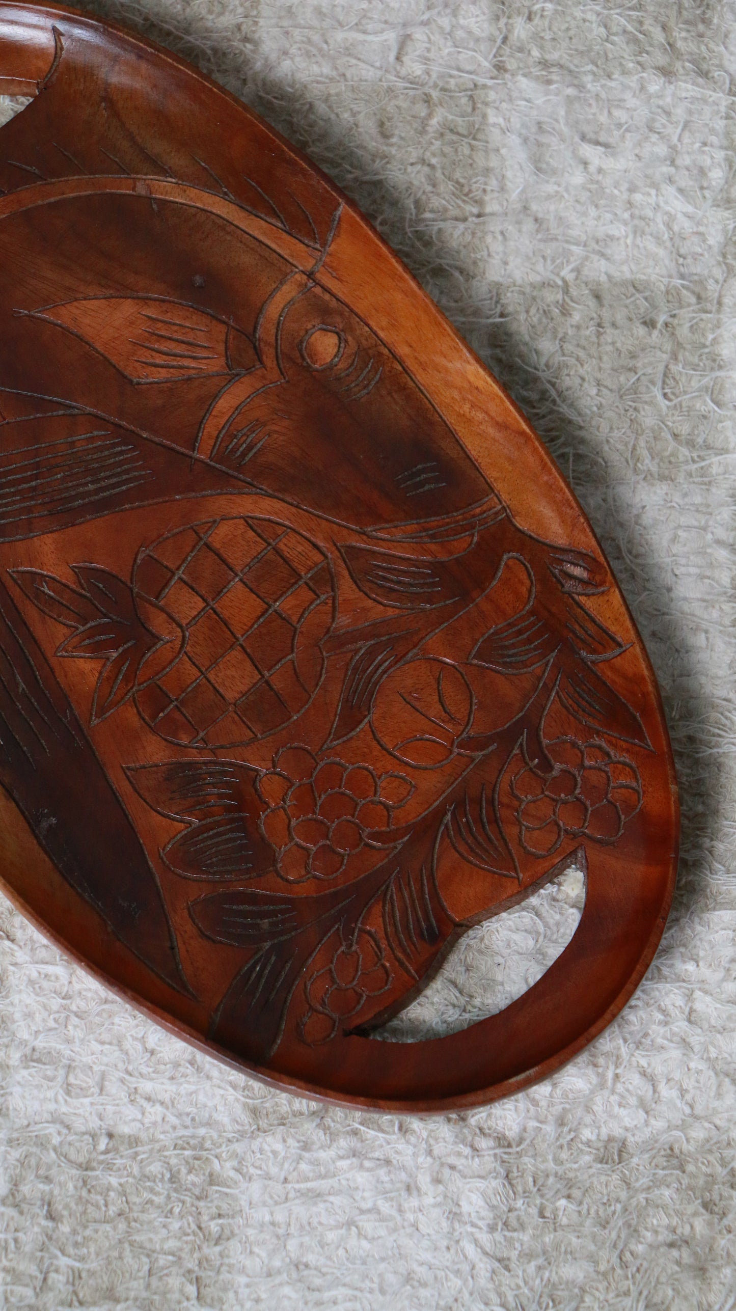 Vintage Hand-Carved Wooden Tray with Fruit & Fish Motif