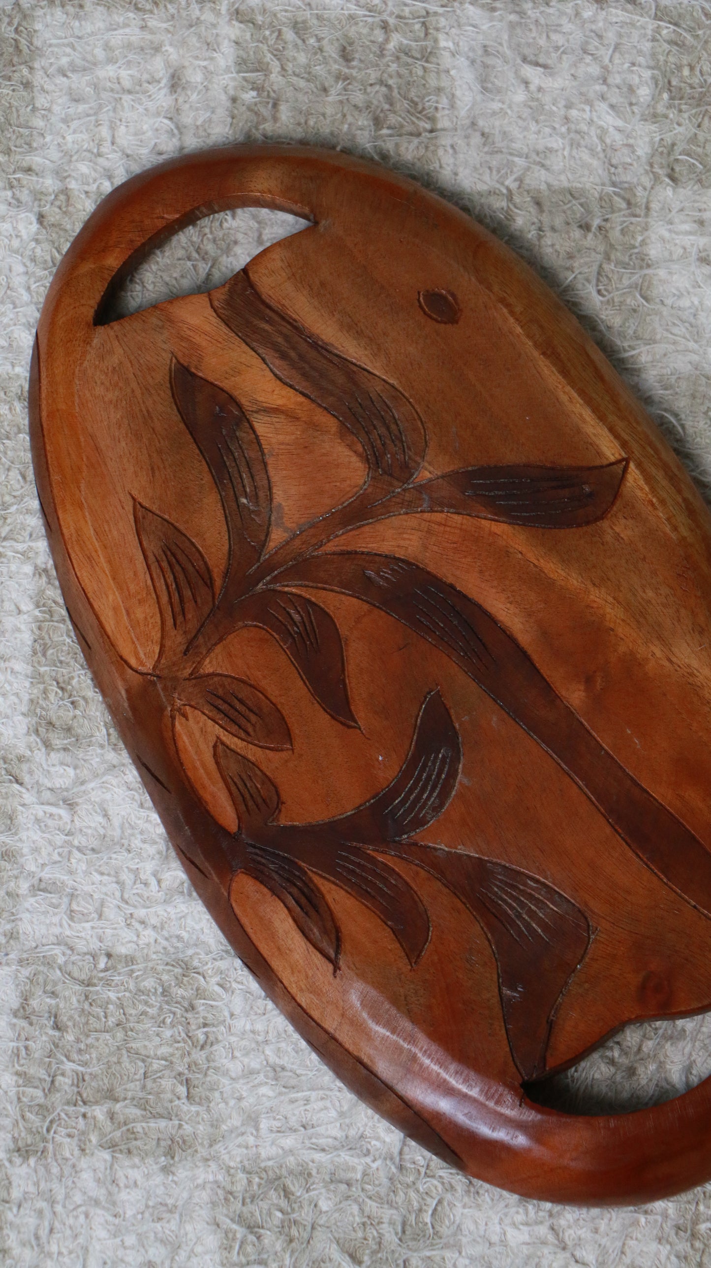 Vintage Hand-Carved Wooden Tray with Fruit & Fish Motif