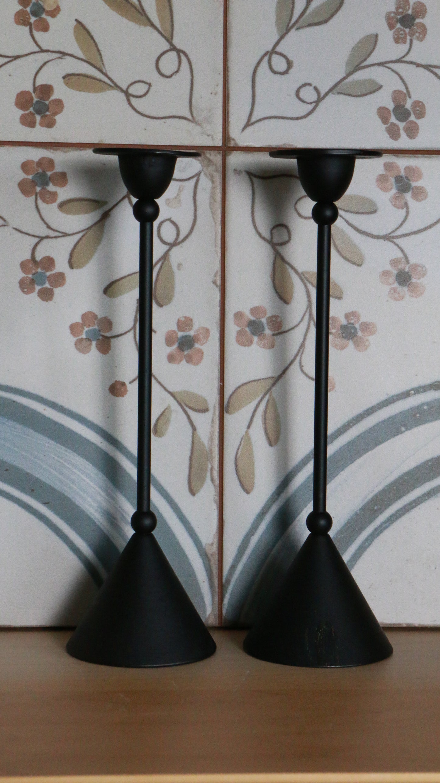 Pair of Vintage Memphis-style Black Metal Taper Candle Holders