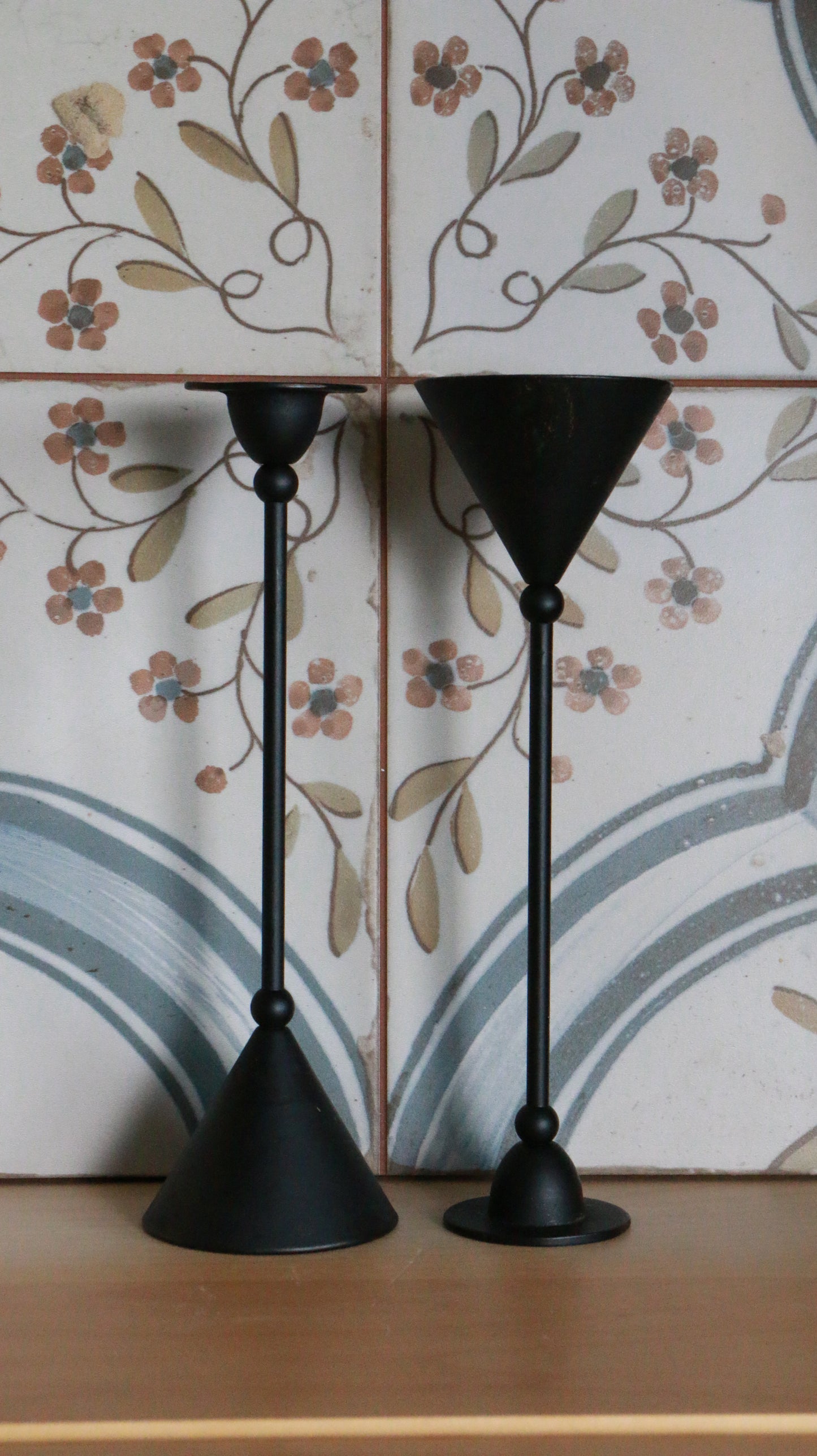 Pair of Vintage Memphis-style Black Metal Taper Candle Holders