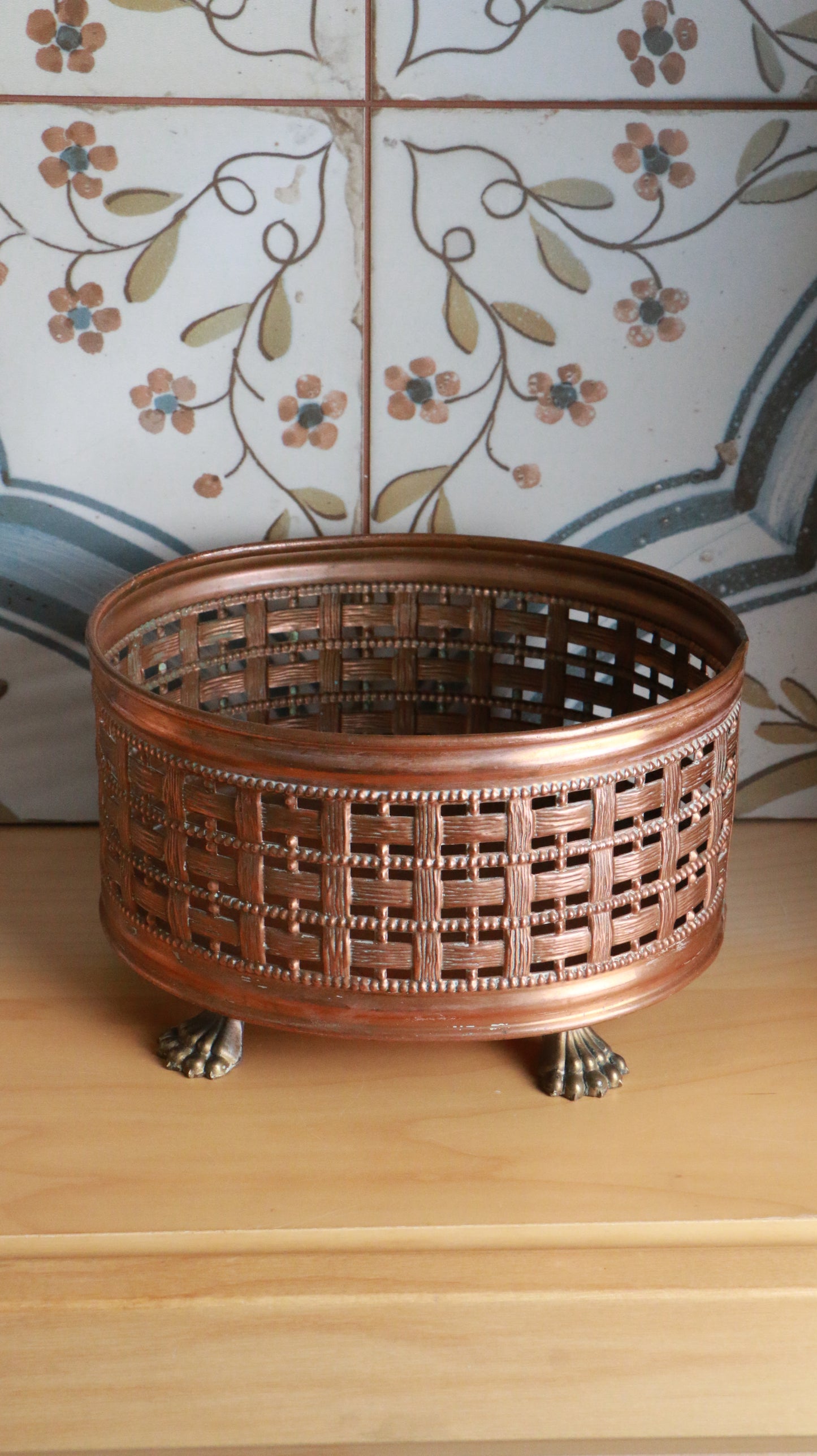 Vintage Copper-Tone Metal Basket with Claw Feet – 1960s