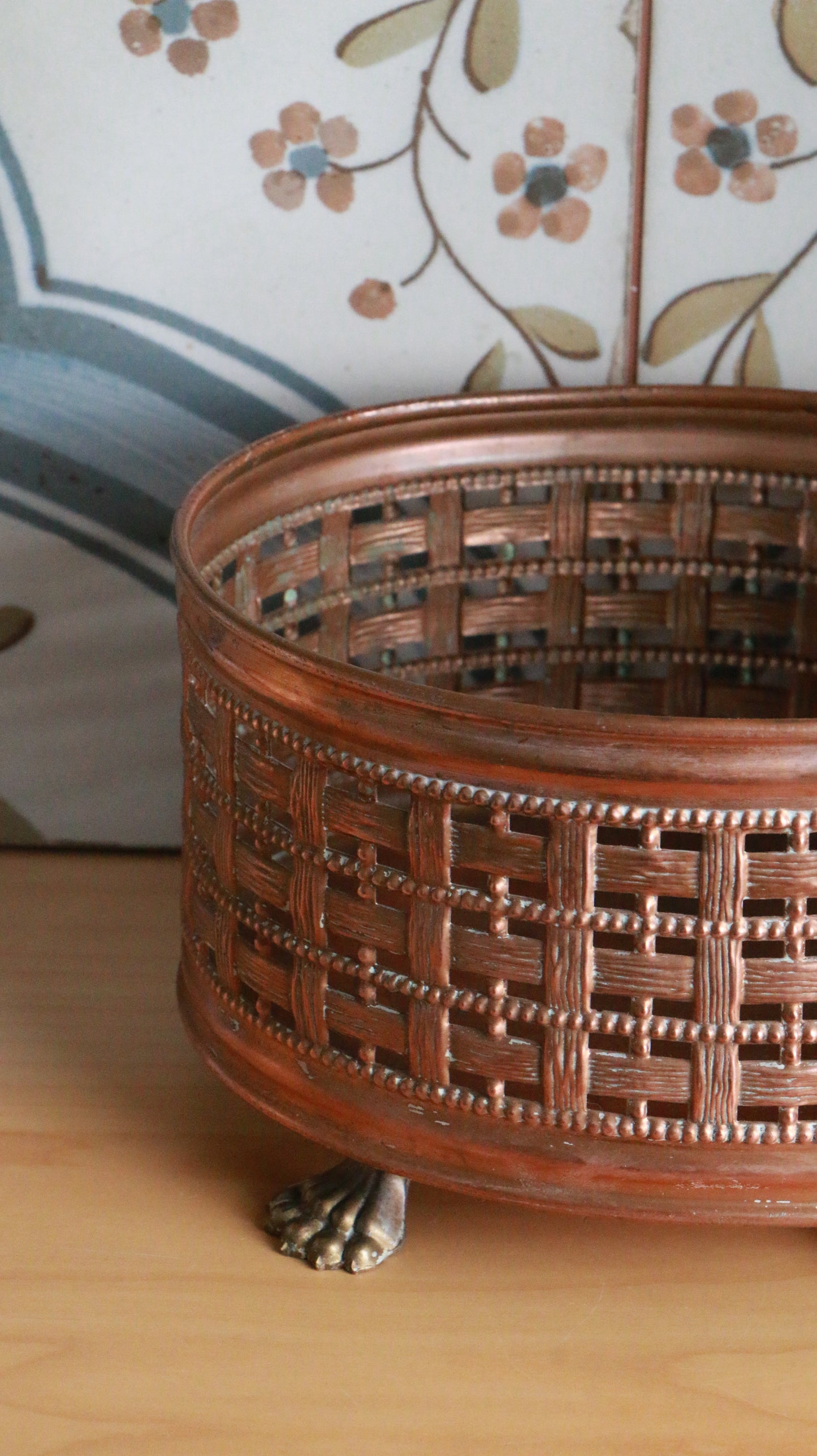 Vintage Copper-Tone Metal Basket with Claw Feet – 1960s