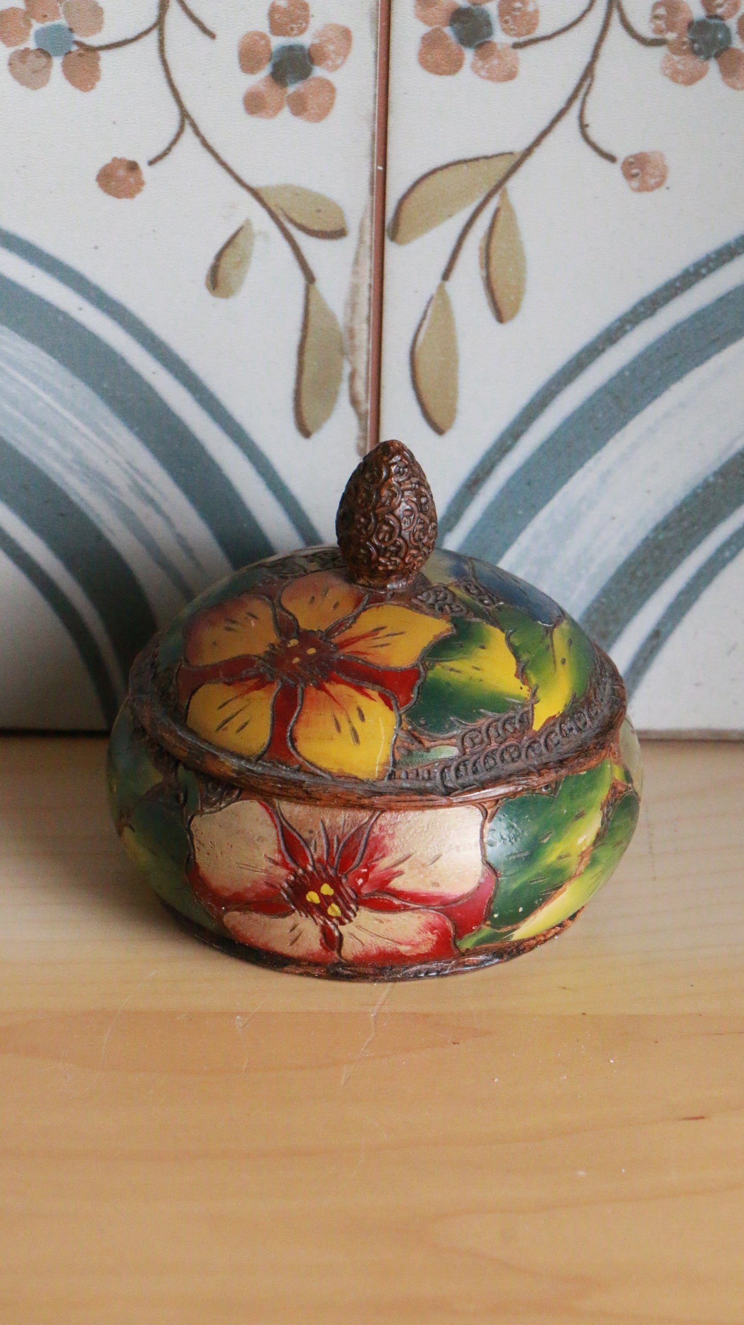 Antique Art Deco Hand-Painted Floral Wooden Trinket Box