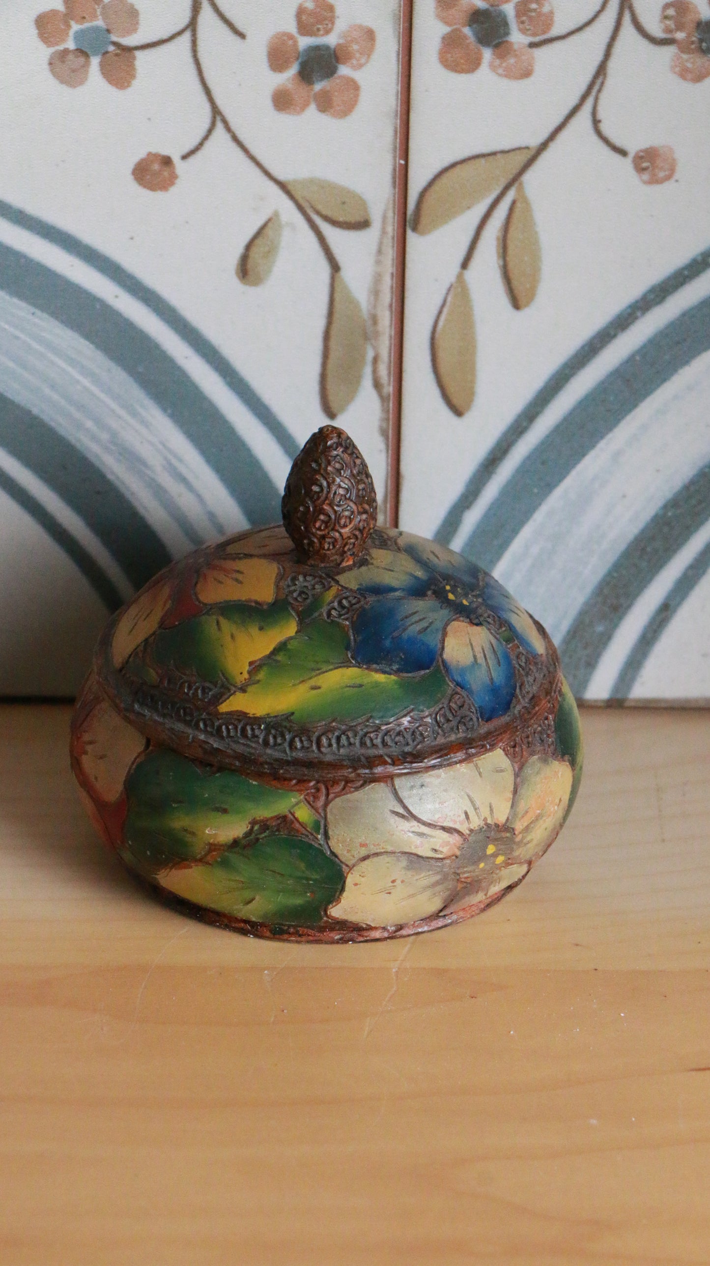 Antique Art Deco Hand-Painted Floral Wooden Trinket Box