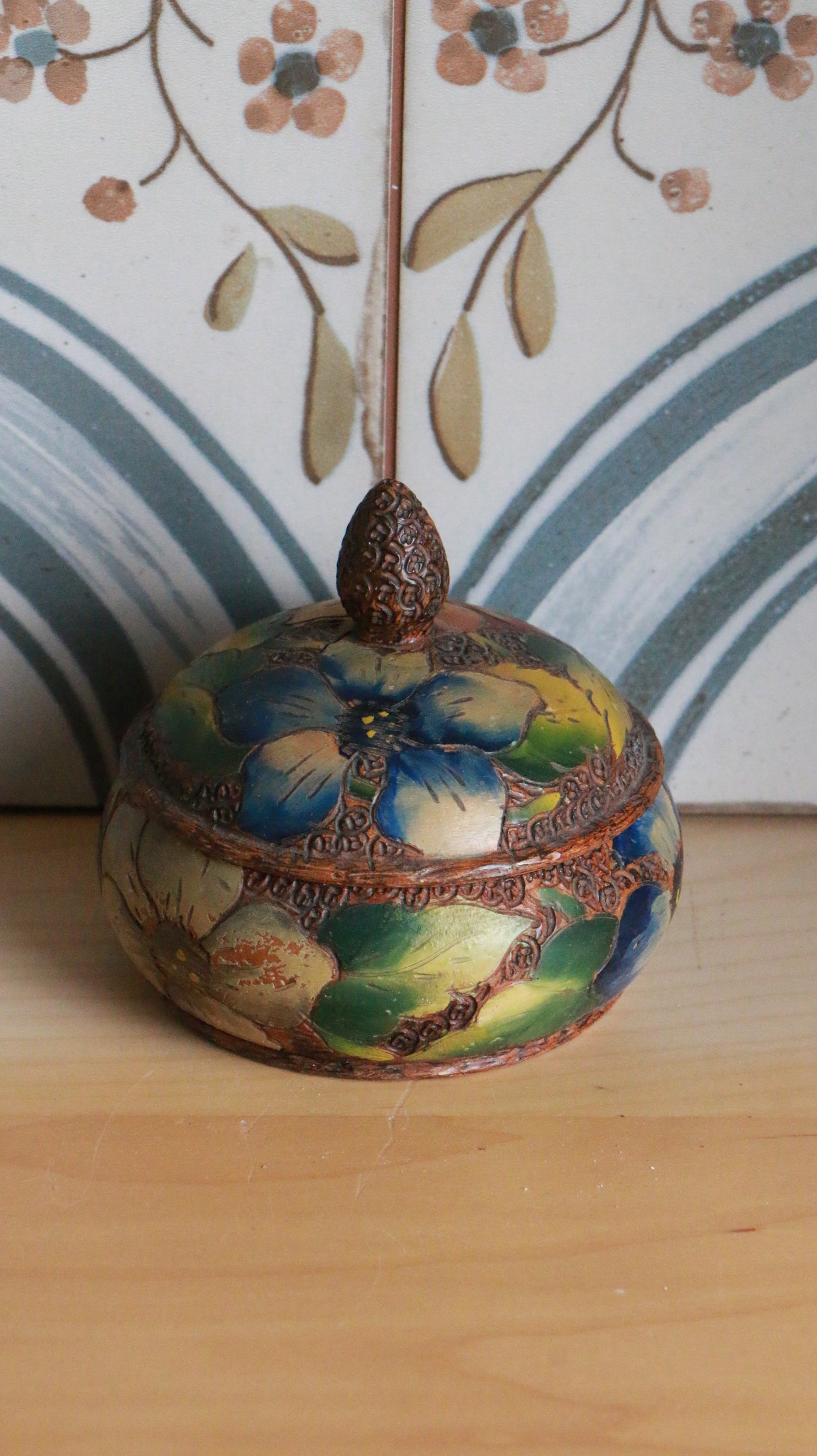 Antique Art Deco Hand-Painted Floral Wooden Trinket Box