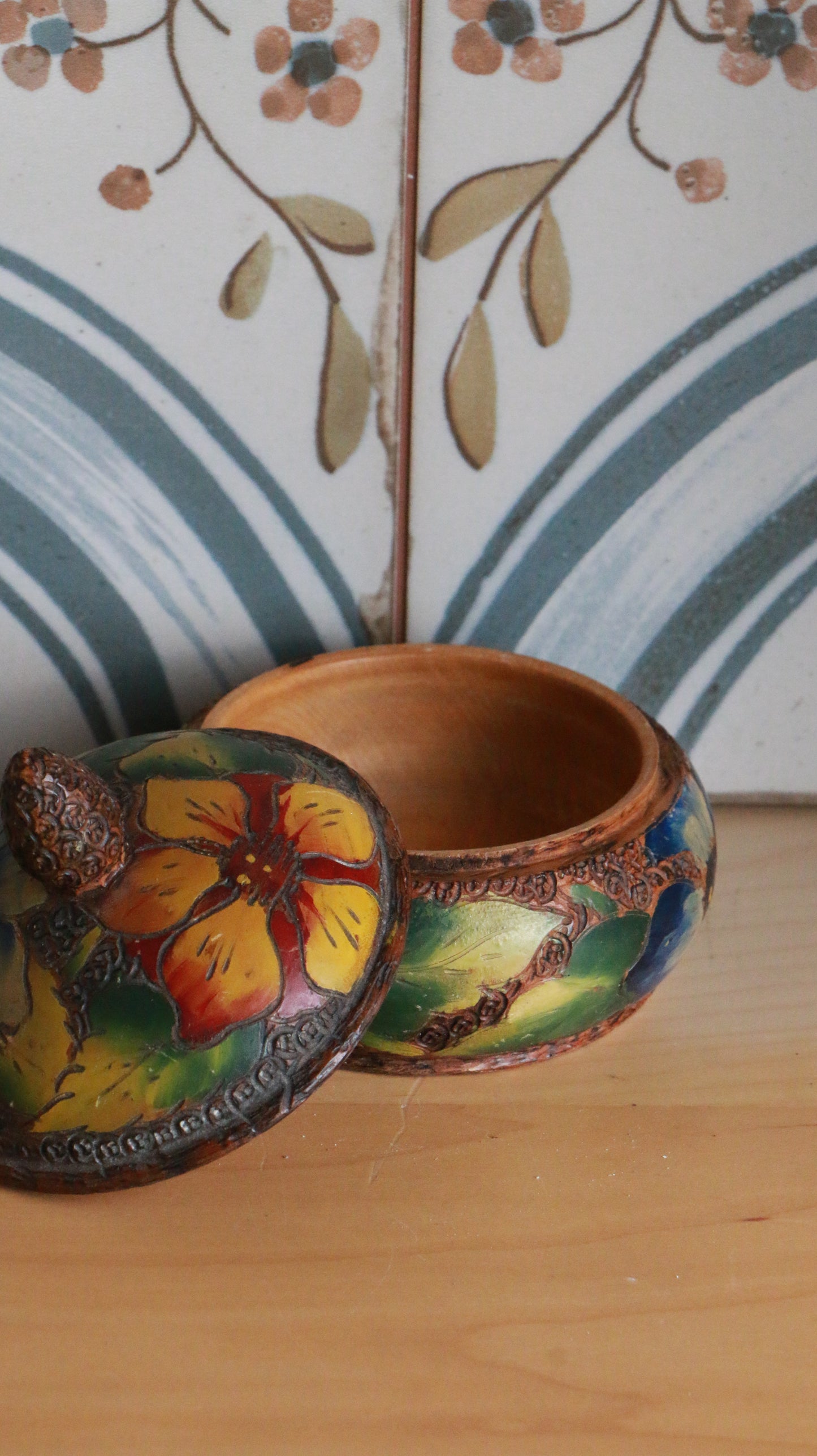 Antique Art Deco Hand-Painted Floral Wooden Trinket Box