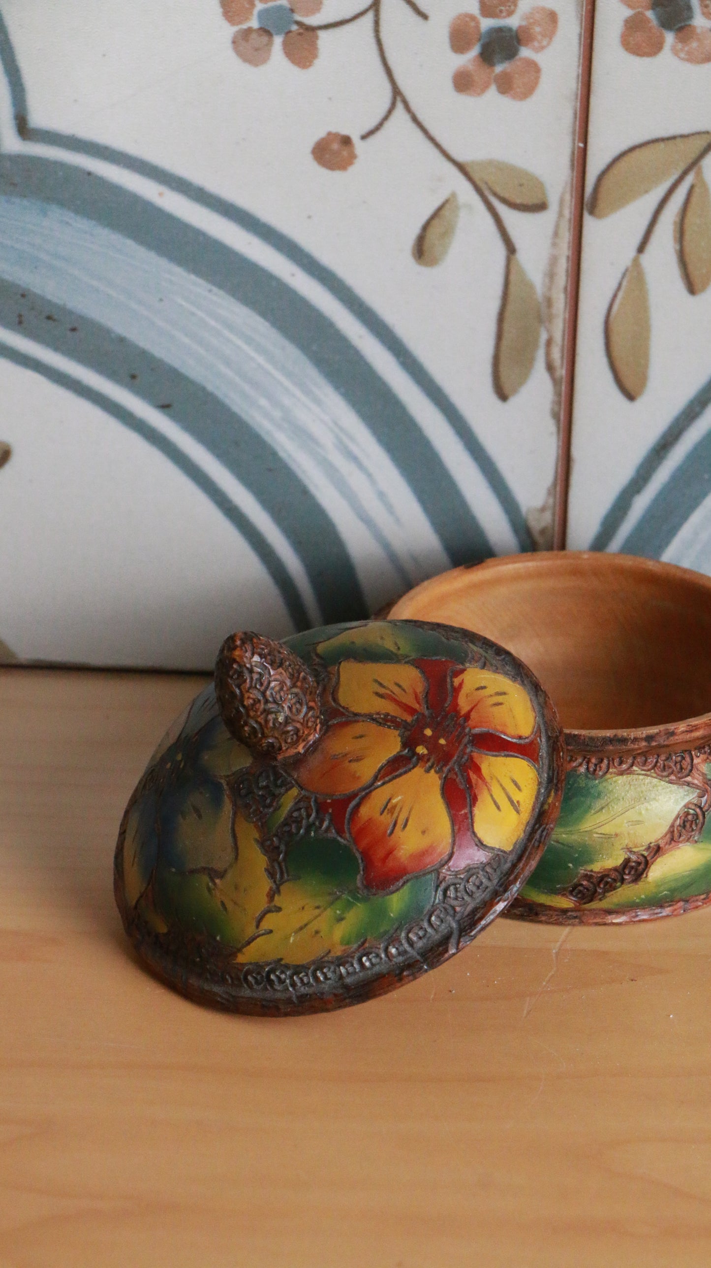 Antique Art Deco Hand-Painted Floral Wooden Trinket Box