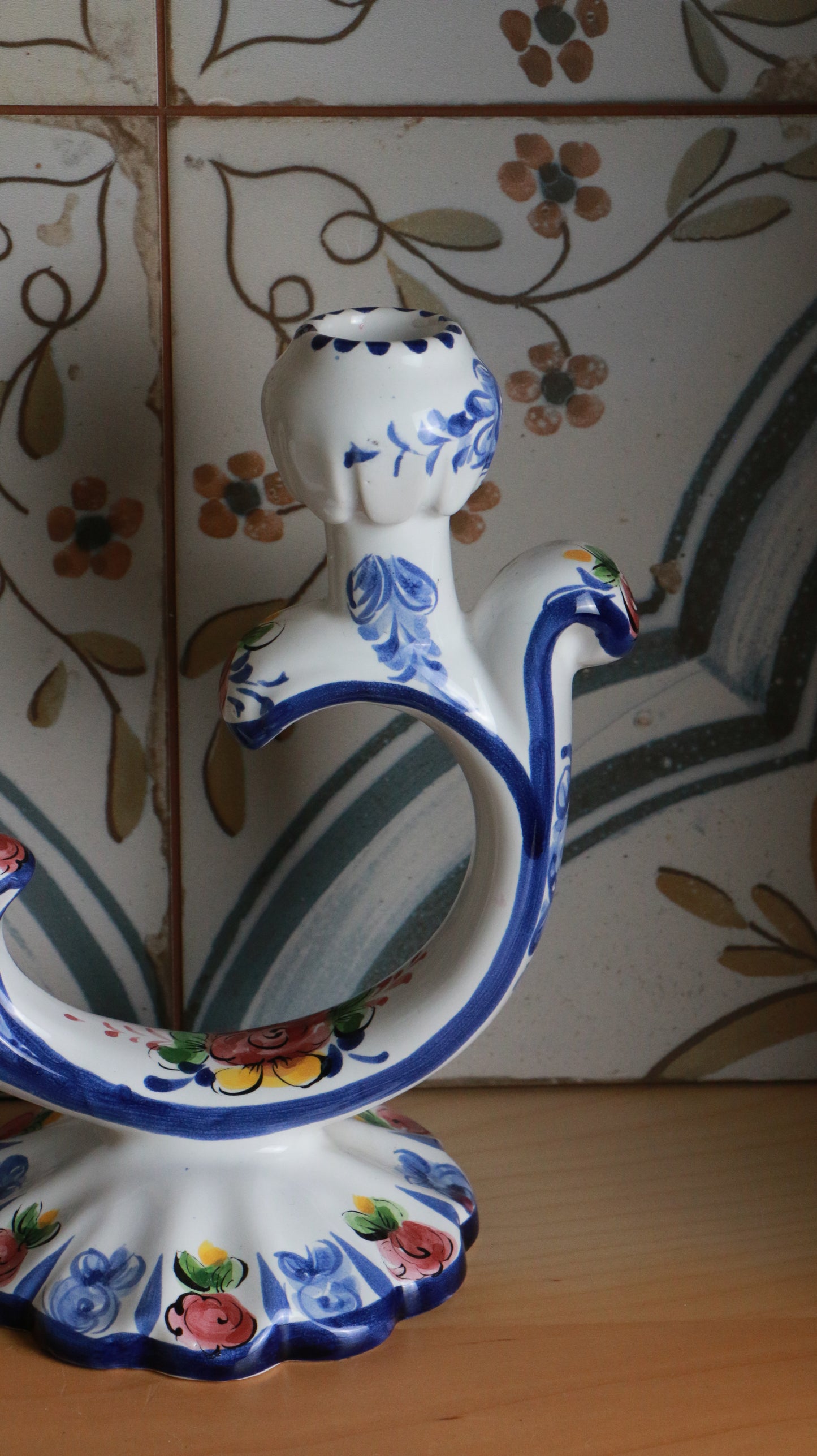 Hand-Painted Portuguese Ceramic Double-Arm Candle Holder