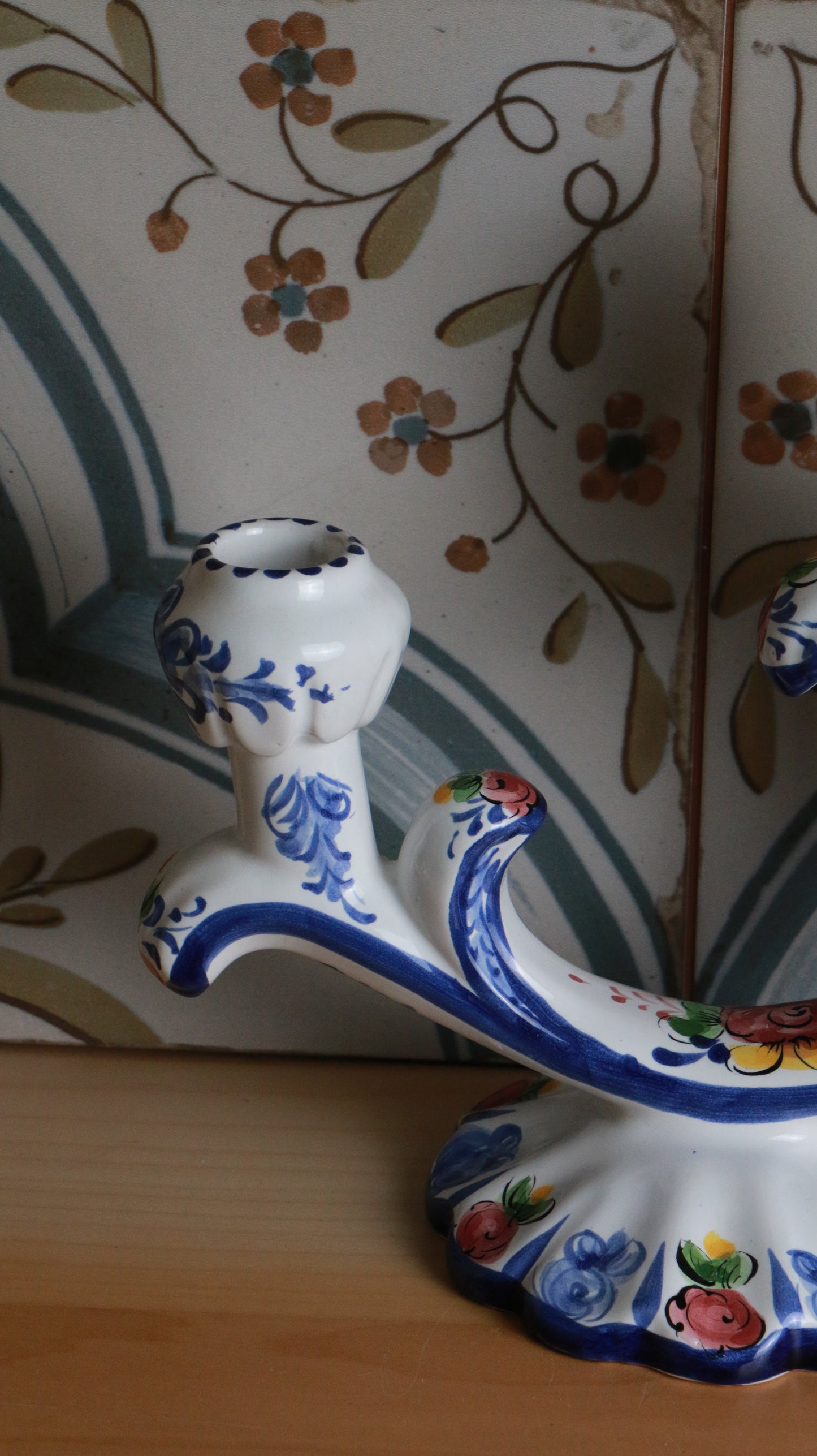 Hand-Painted Portuguese Ceramic Double-Arm Candle Holder