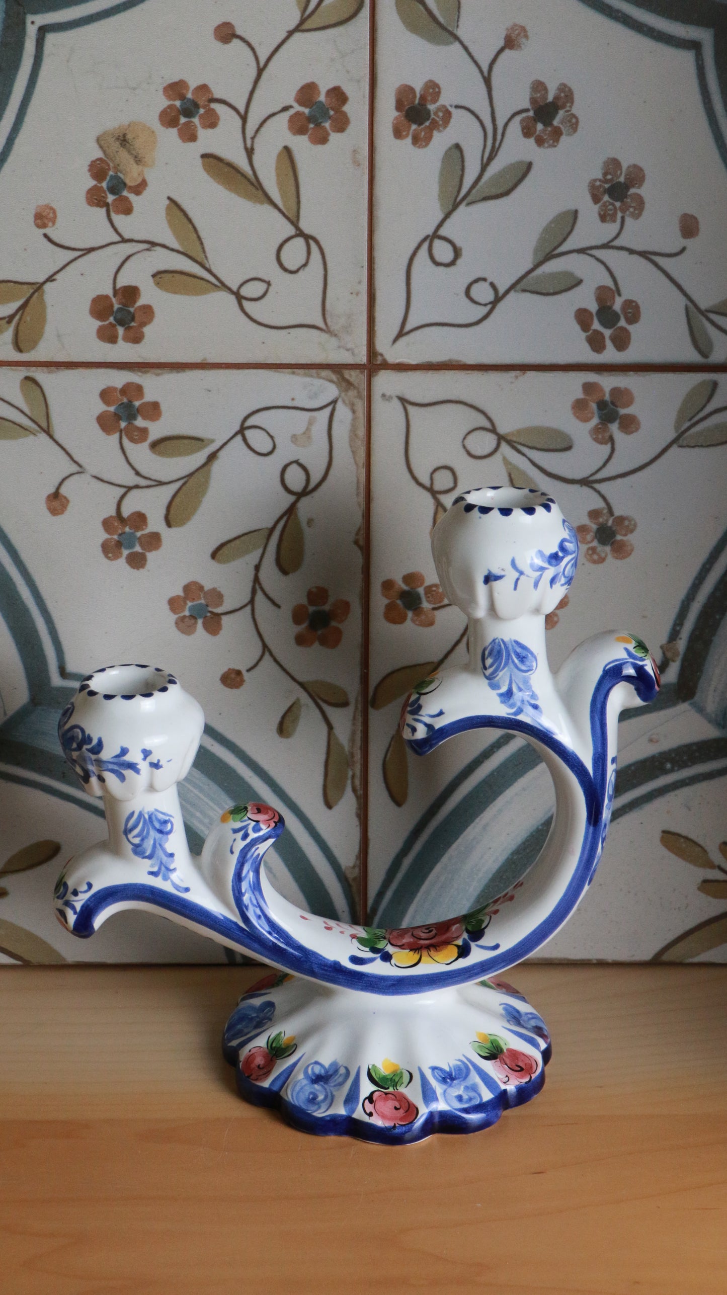 Hand-Painted Portuguese Ceramic Double-Arm Candle Holder