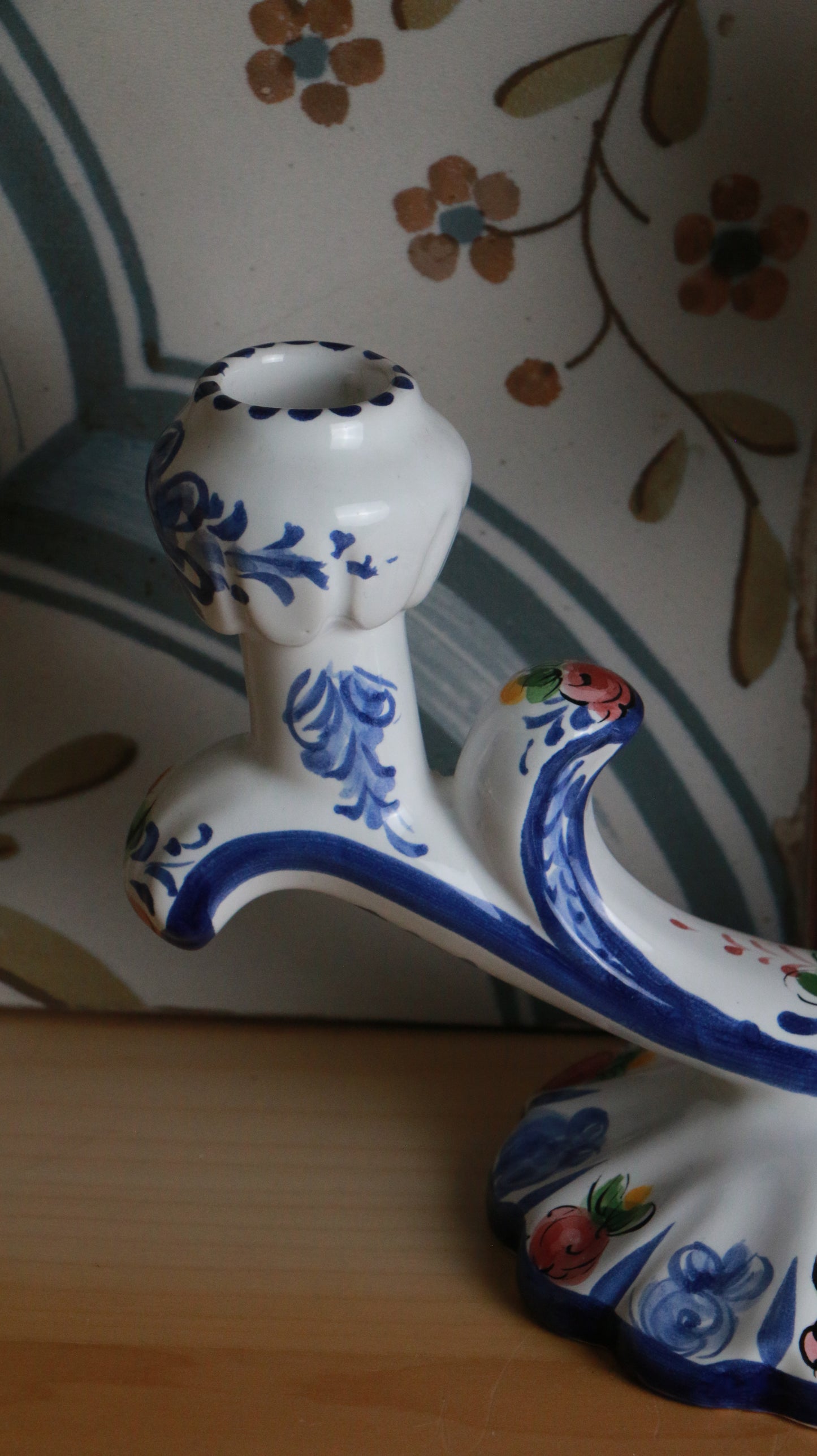 Hand-Painted Portuguese Ceramic Double-Arm Candle Holder