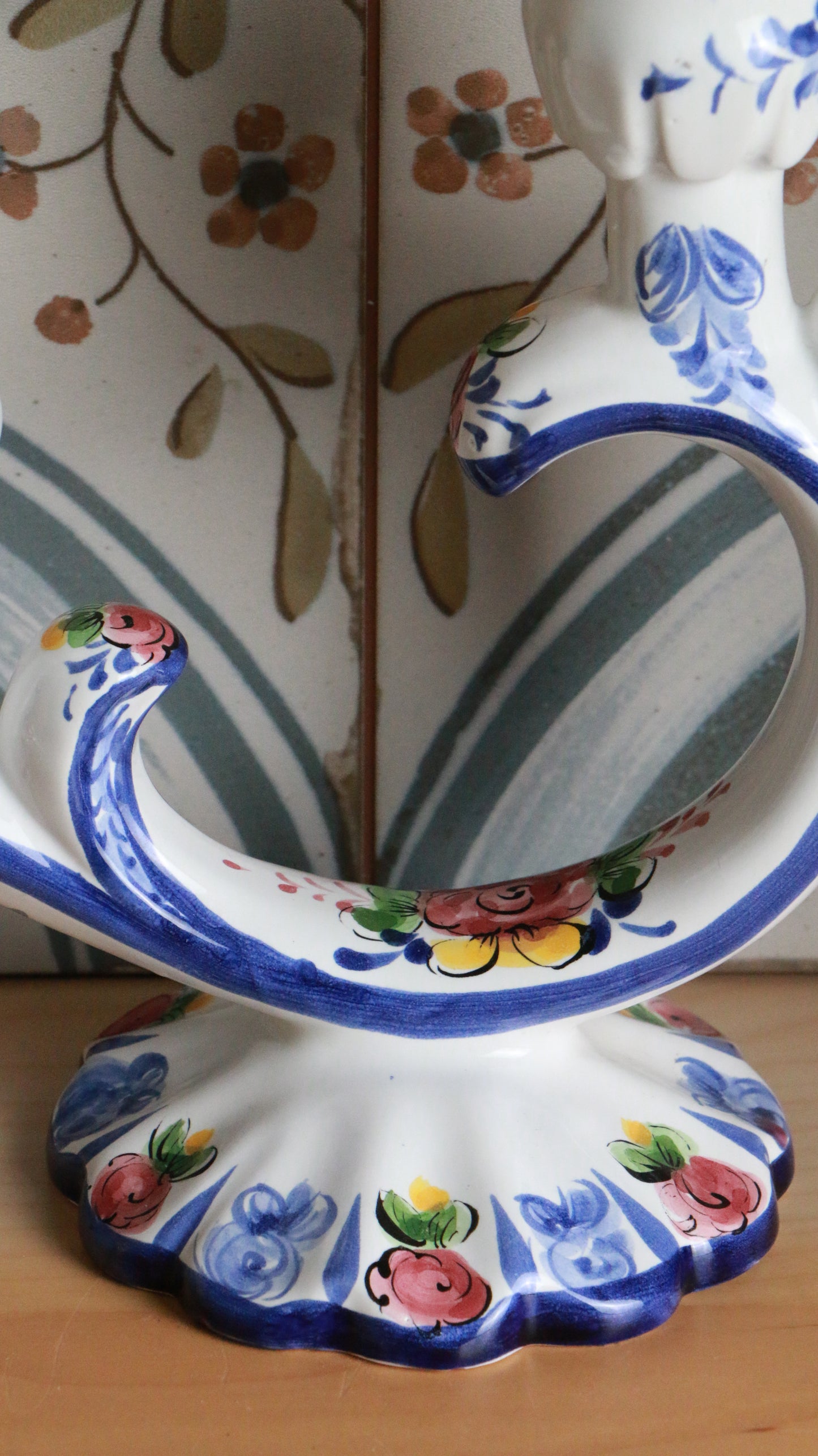 Hand-Painted Portuguese Ceramic Double-Arm Candle Holder
