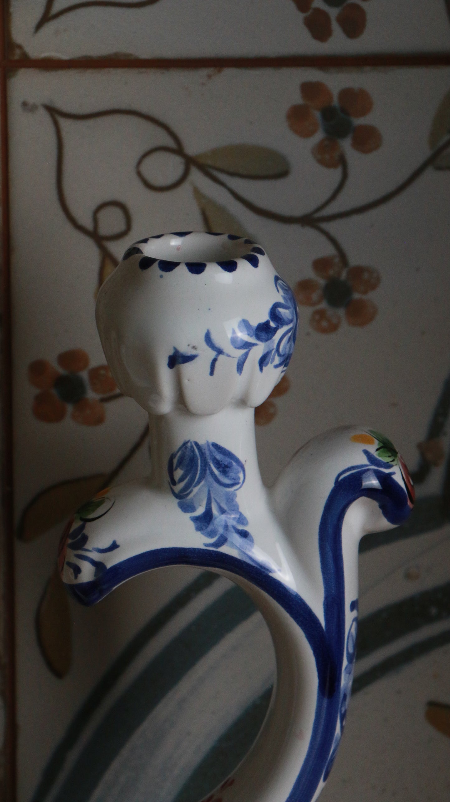 Hand-Painted Portuguese Ceramic Double-Arm Candle Holder