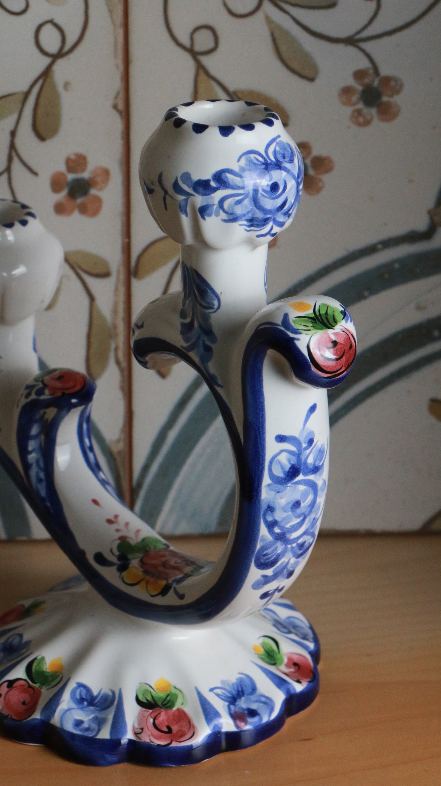 Hand-Painted Portuguese Ceramic Double-Arm Candle Holder