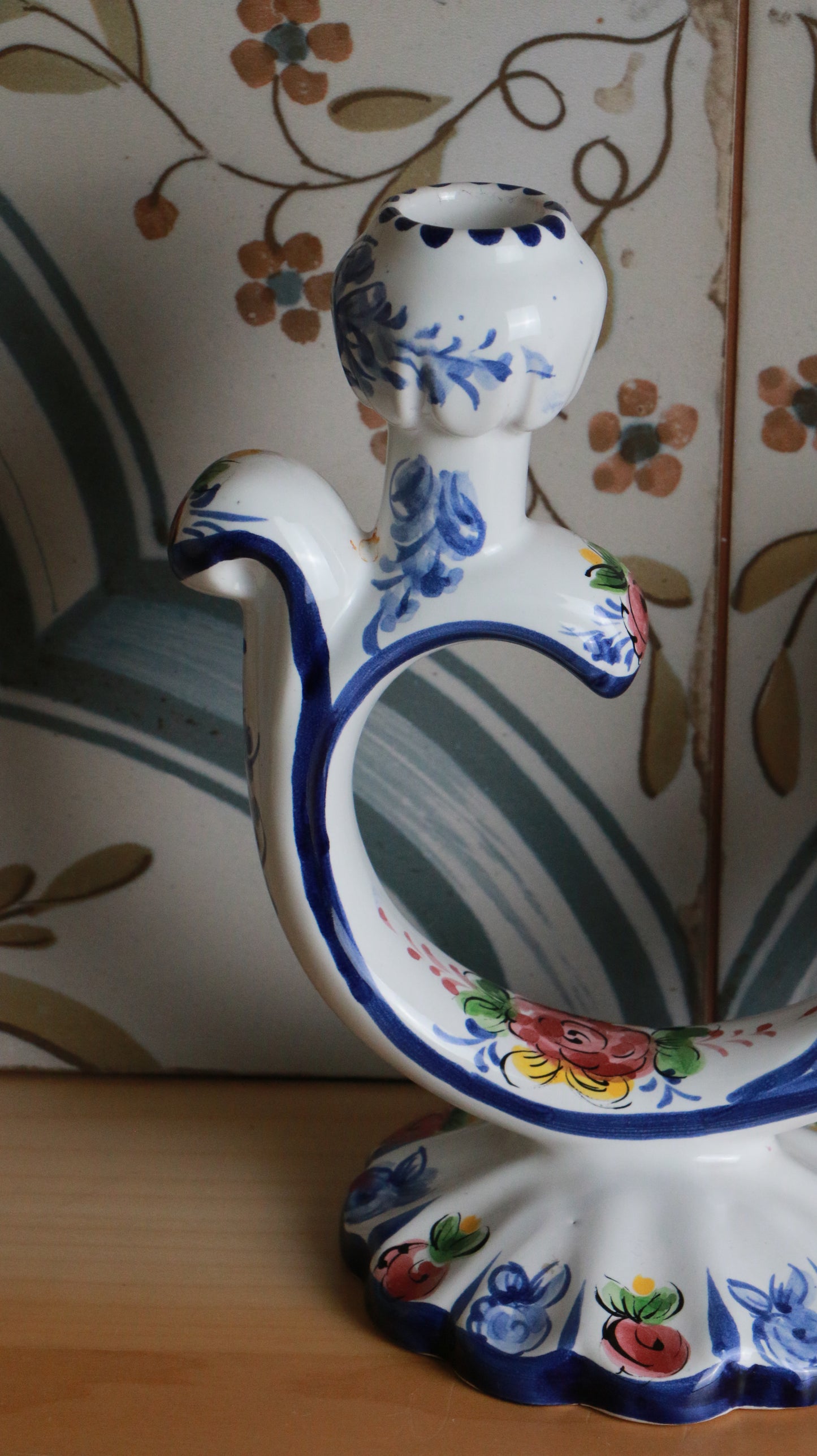 Hand-Painted Portuguese Ceramic Double-Arm Candle Holder