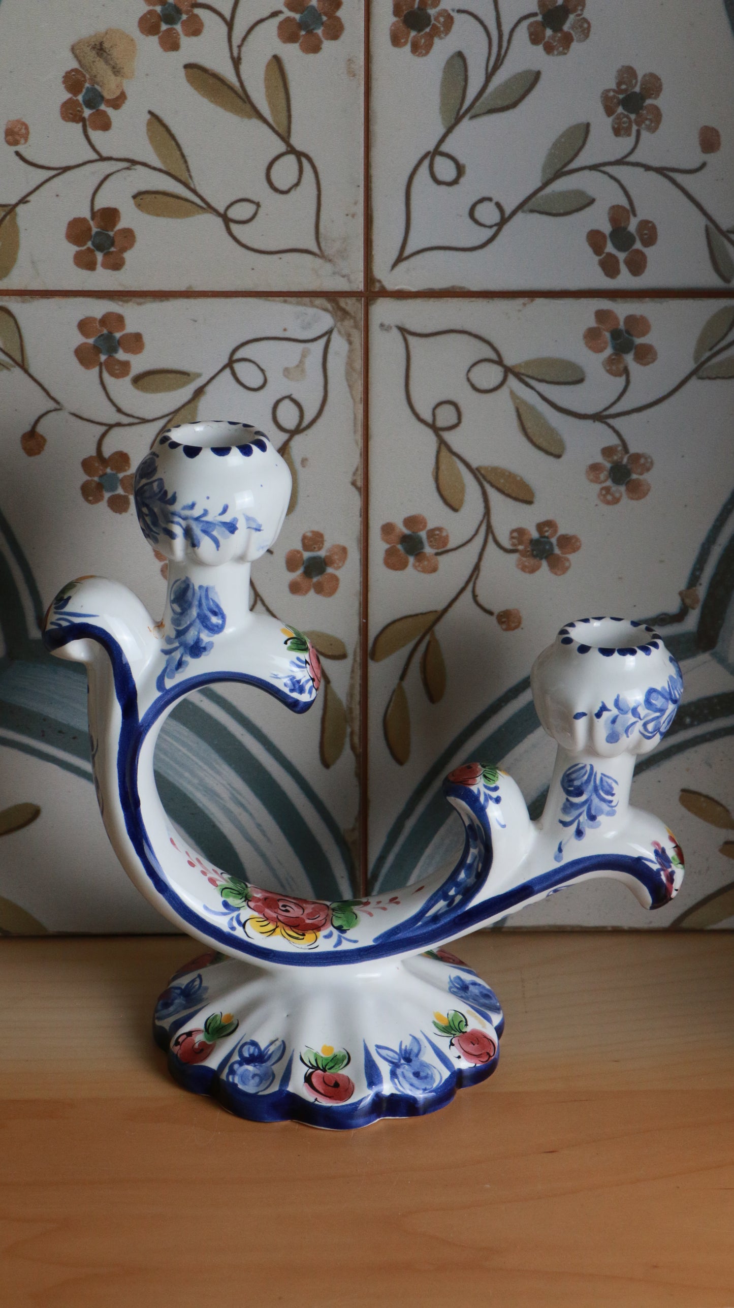 Hand-Painted Portuguese Ceramic Double-Arm Candle Holder
