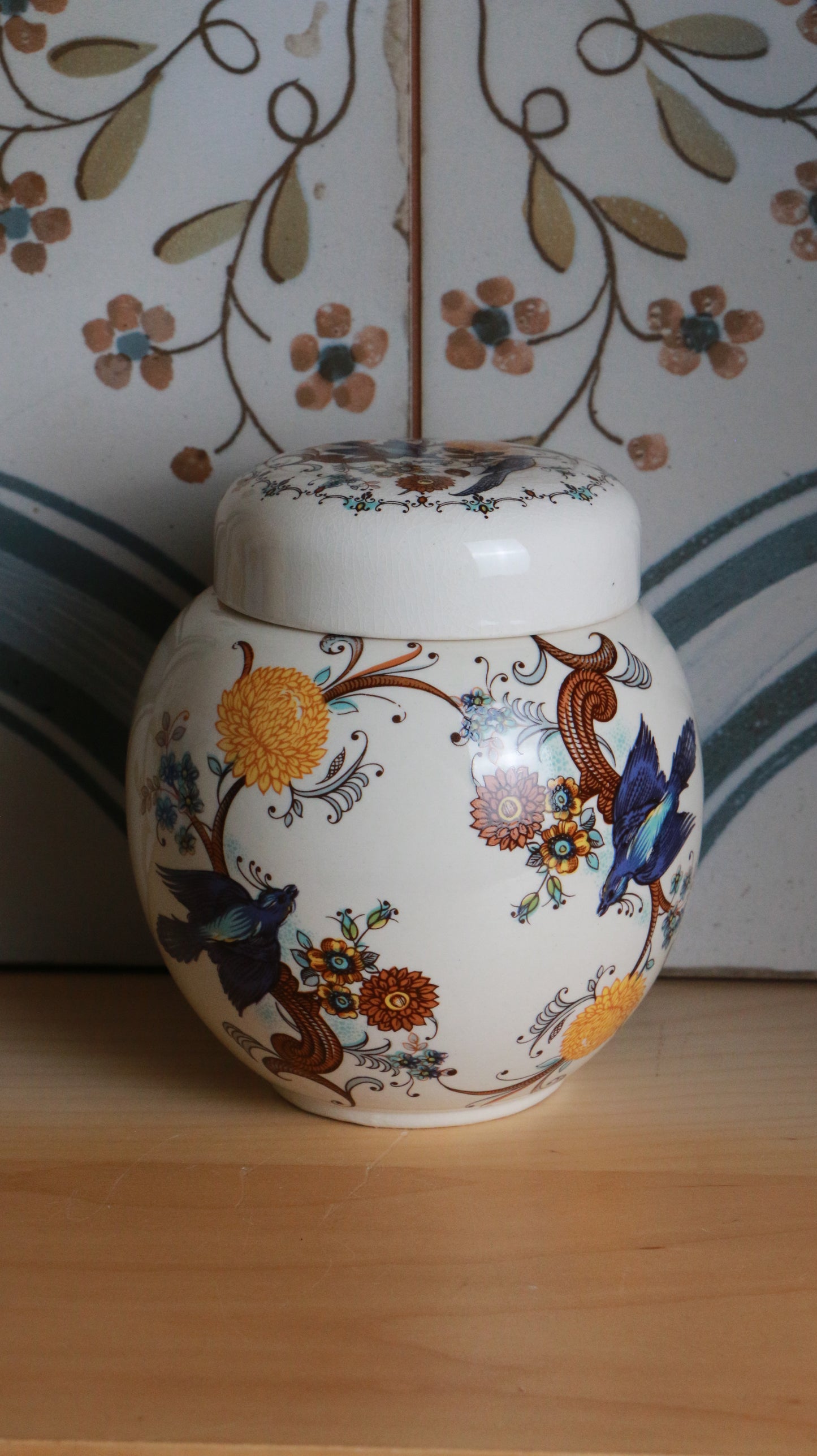 Vintage Sadler Staffordshire Lidded Jar with Bird & Floral Motif