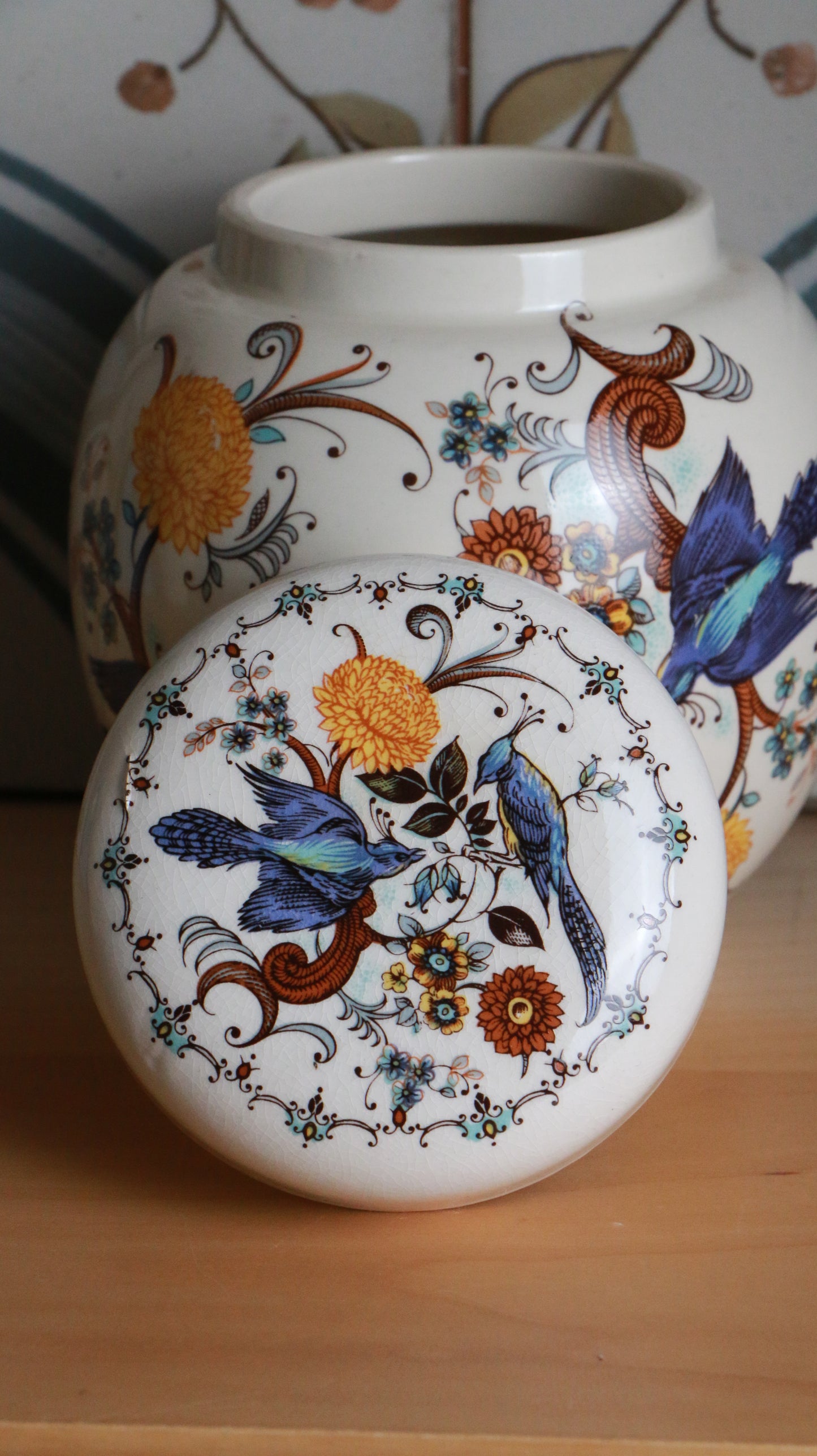 Vintage Sadler Staffordshire Lidded Jar with Bird & Floral Motif