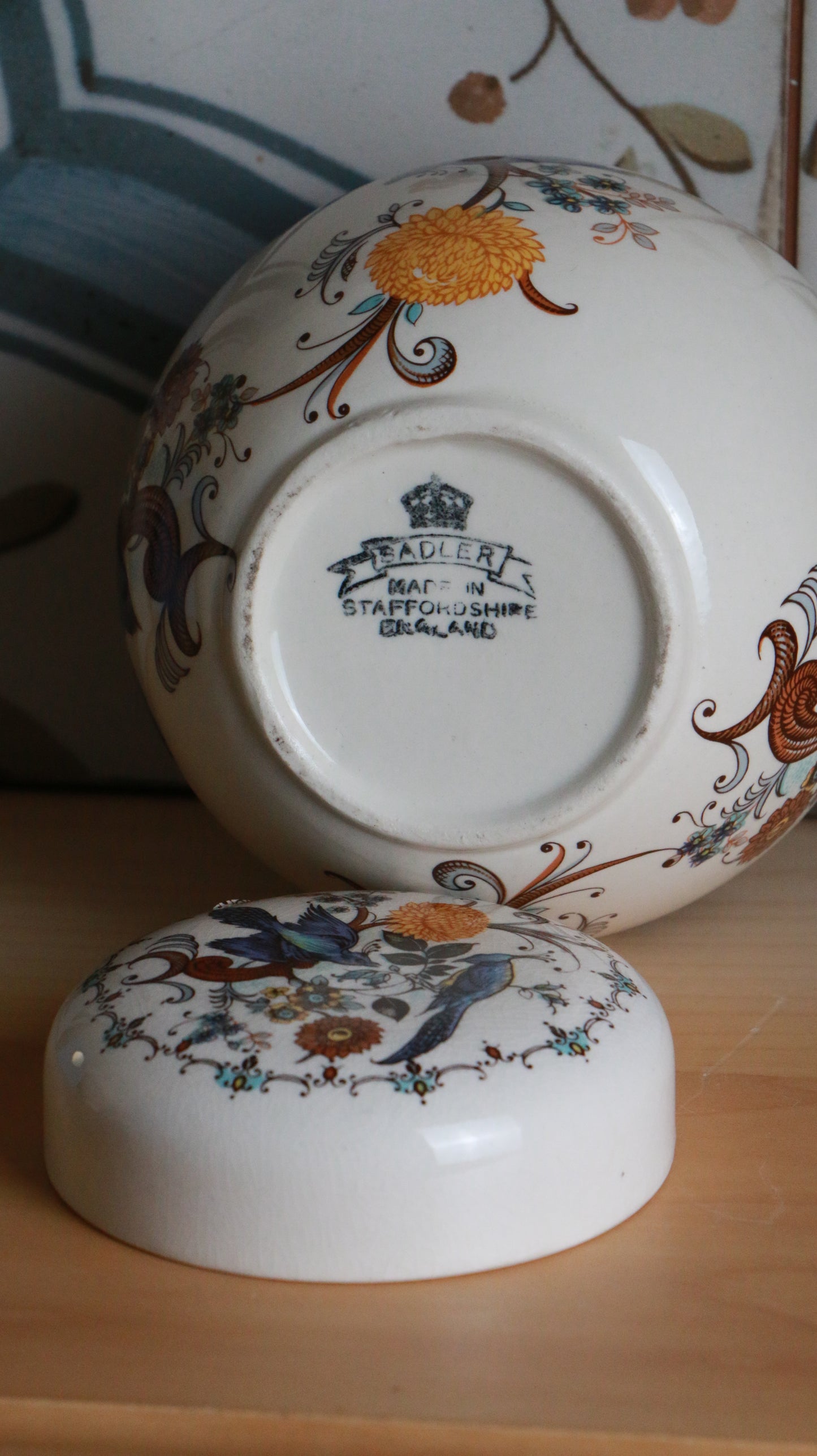 Vintage Sadler Staffordshire Lidded Jar with Bird & Floral Motif