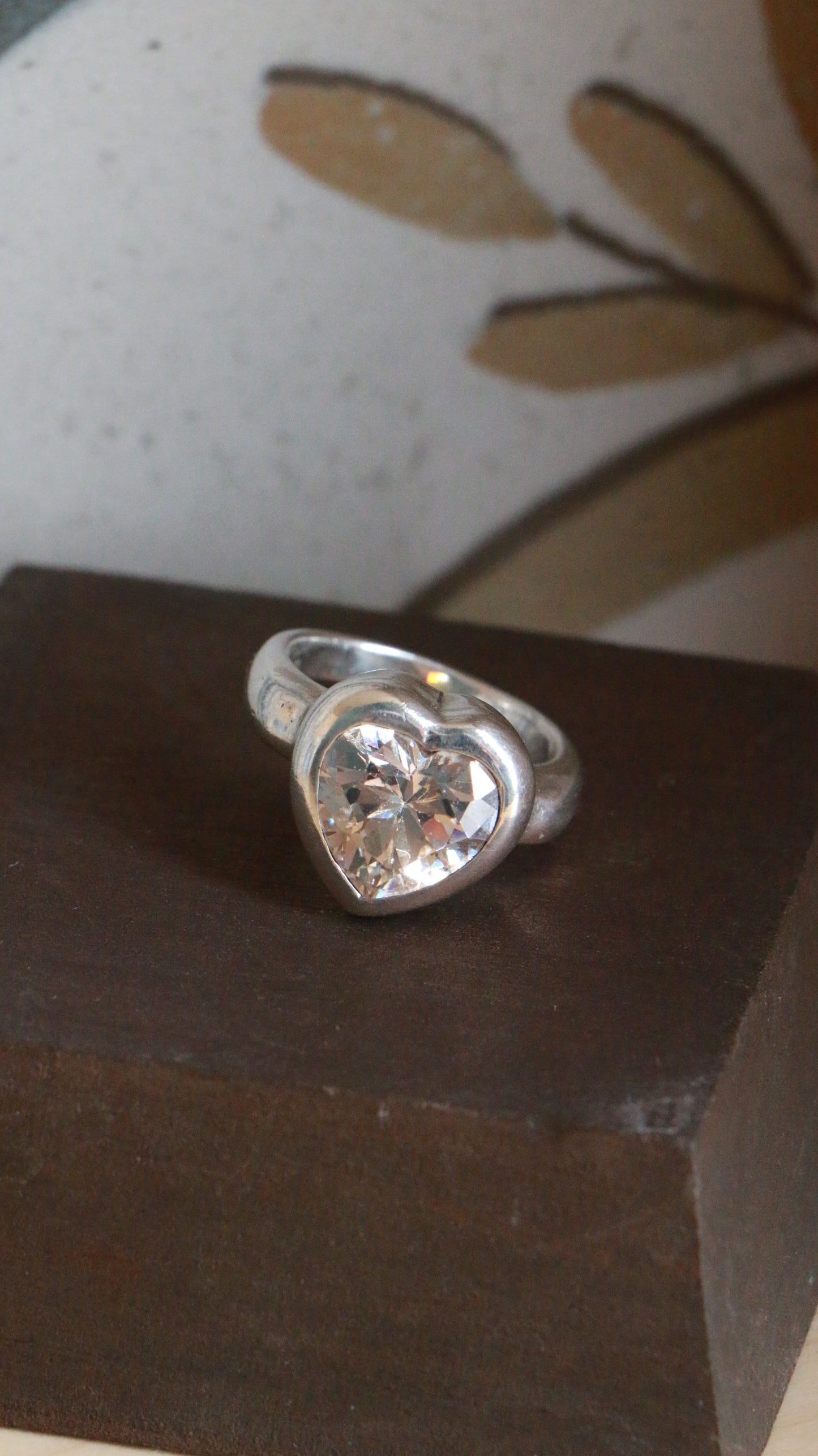 Vintage Sterling Silver Ring with Rosy Heart-Cut Clear Stone