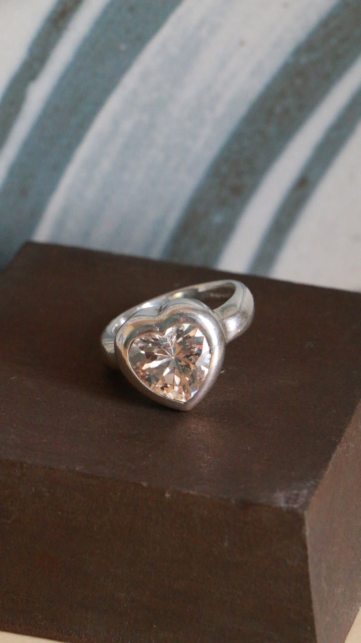 Vintage Sterling Silver Ring with Rosy Heart-Cut Clear Stone