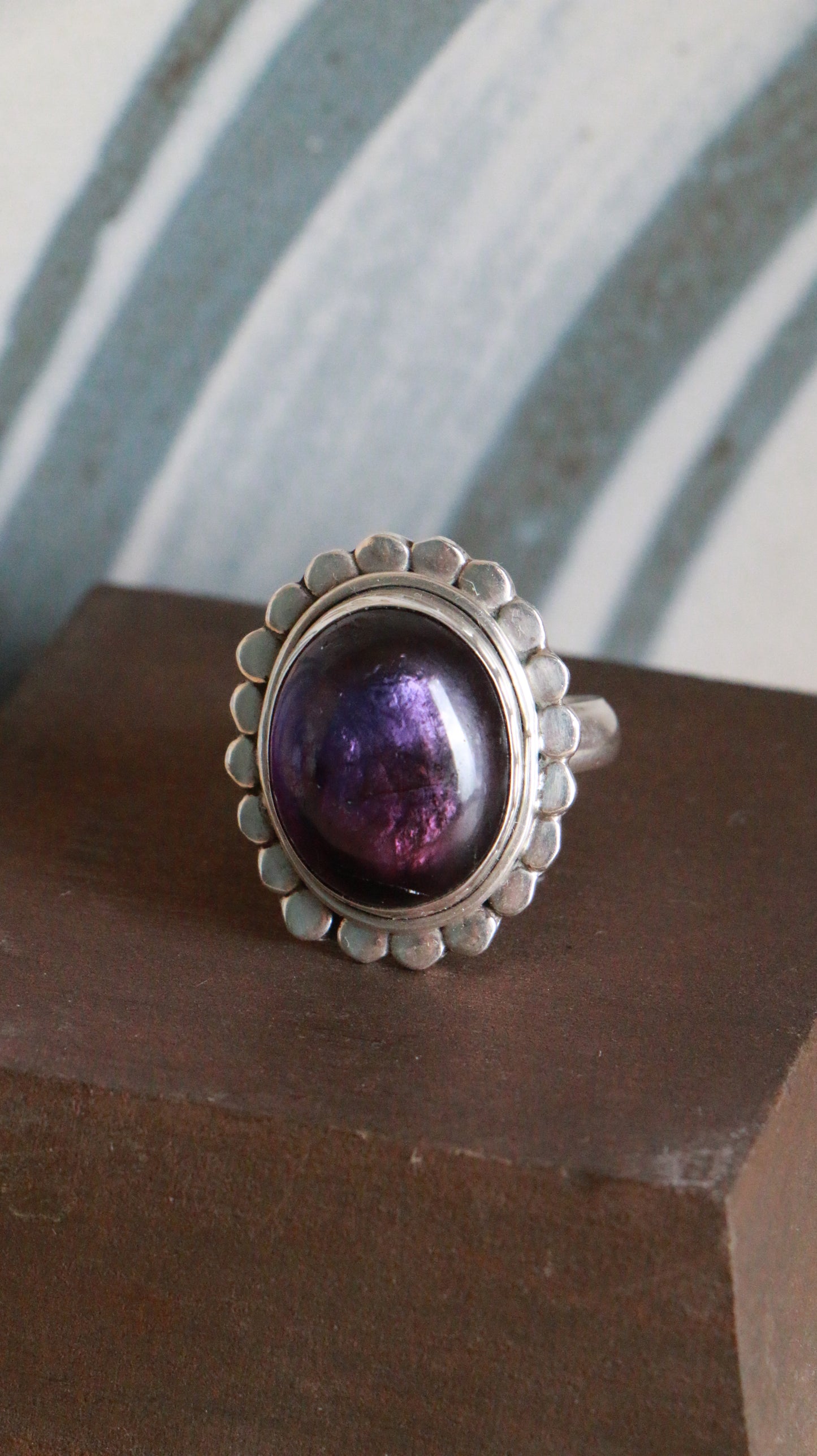 Vintage Sterling Silver Amethyst Ring with Floral Scalloped Bezel