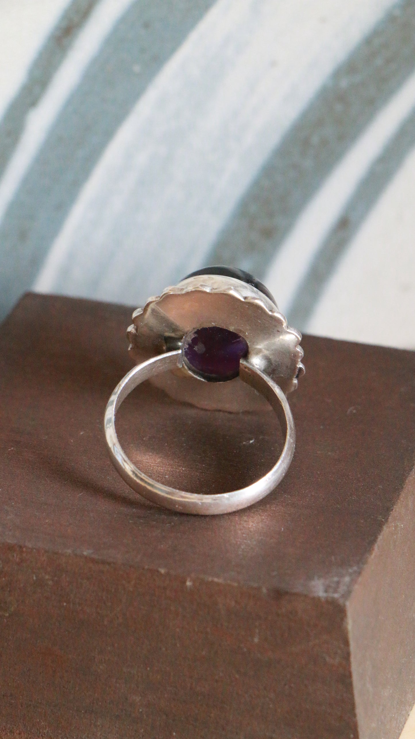 Vintage Sterling Silver Amethyst Ring with Floral Scalloped Bezel