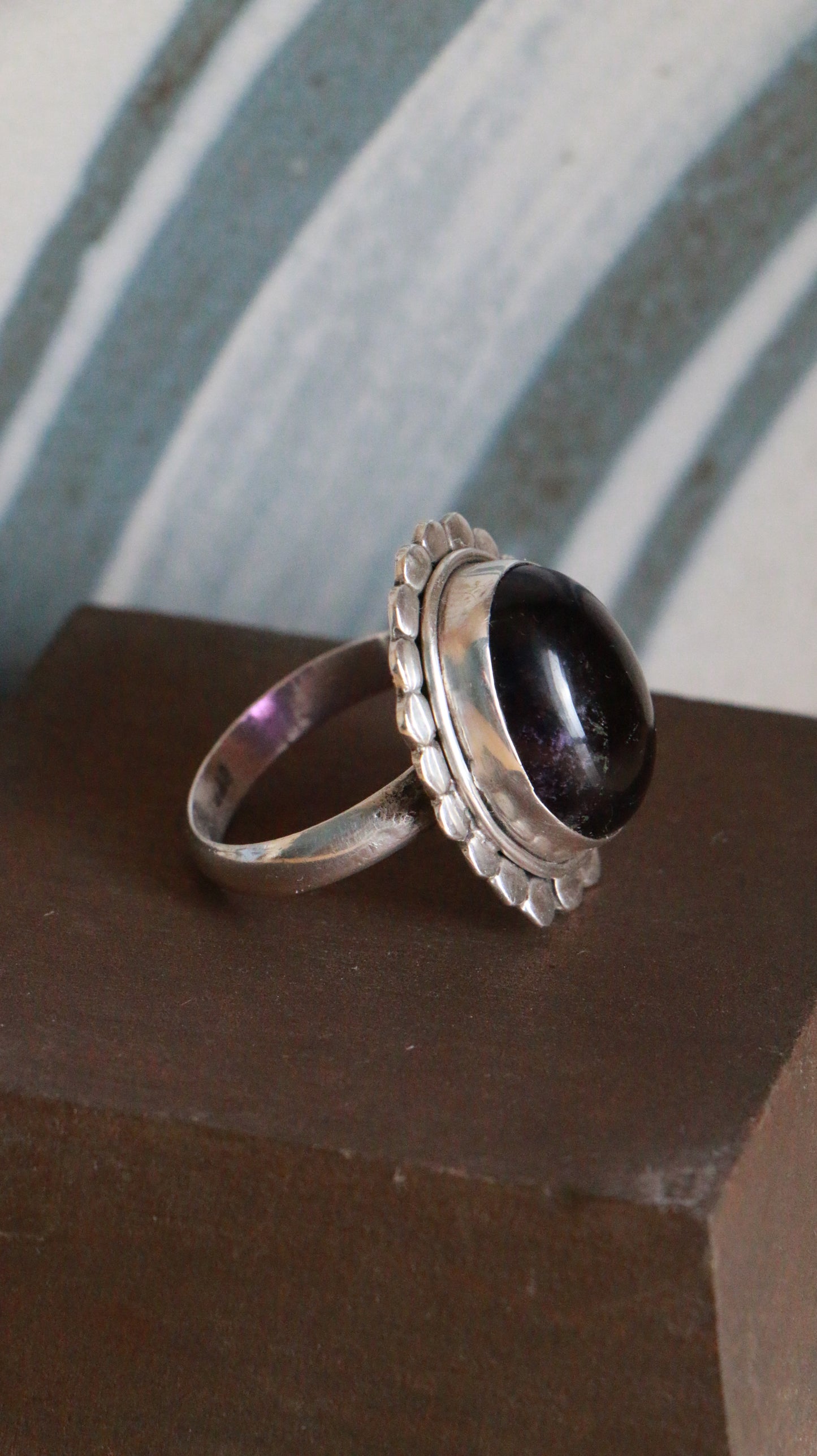Vintage Sterling Silver Amethyst Ring with Floral Scalloped Bezel