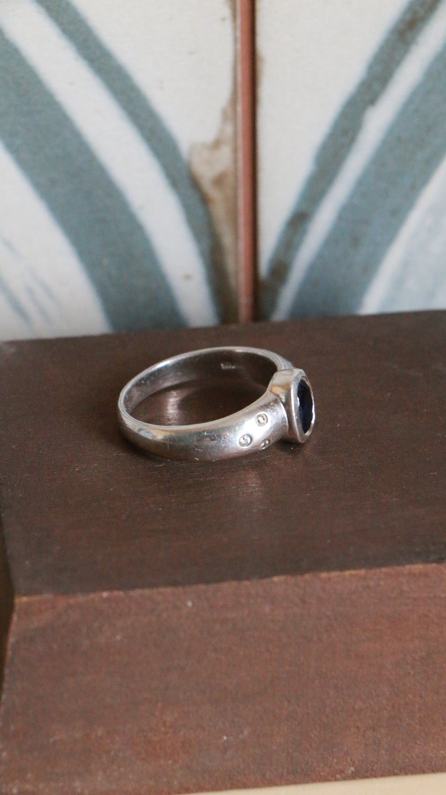 Vintage Sterling Silver Ring with Blue Sapphire & CZ Diamonds