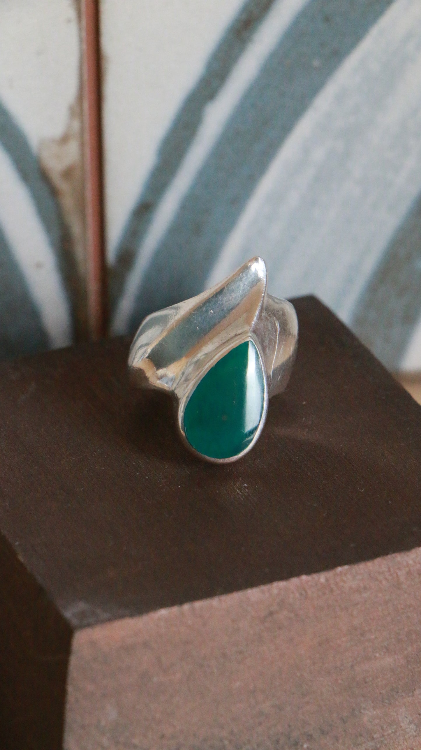 Vintage Sterling Silver Modernist Ring with Green Onyx Inlay