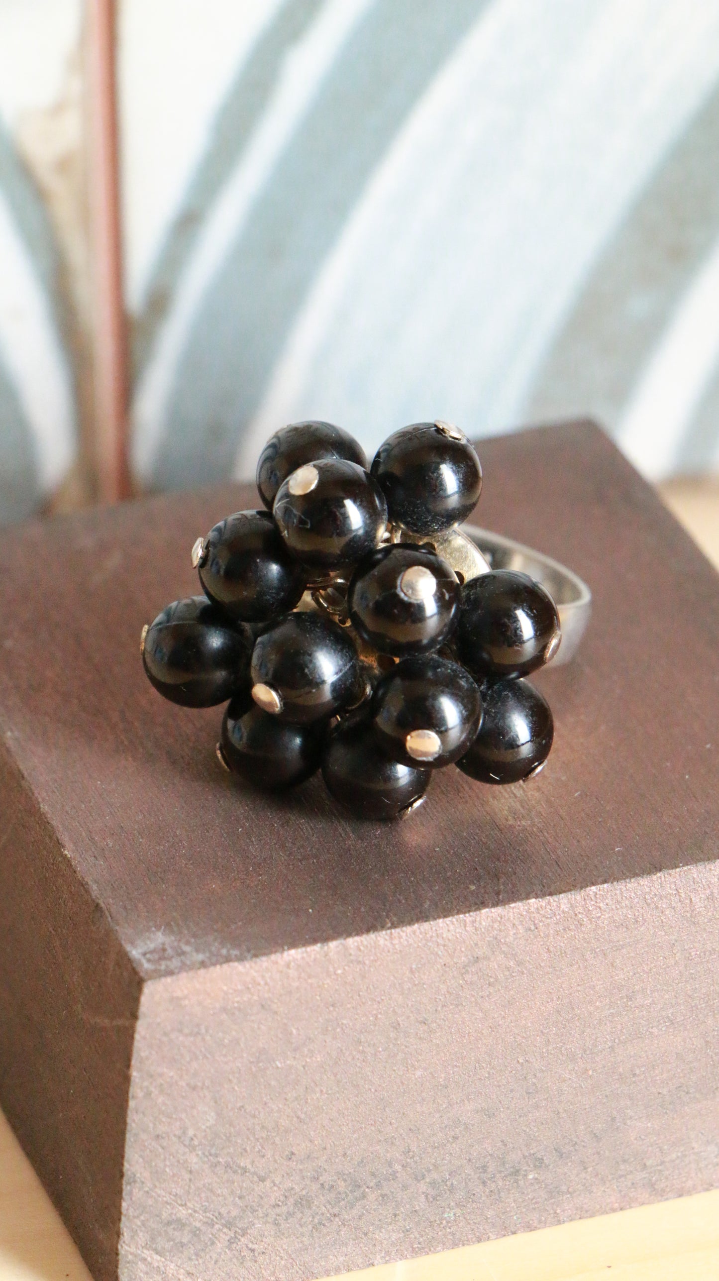 Vintage Black Beaded Cocktail Costume Ring