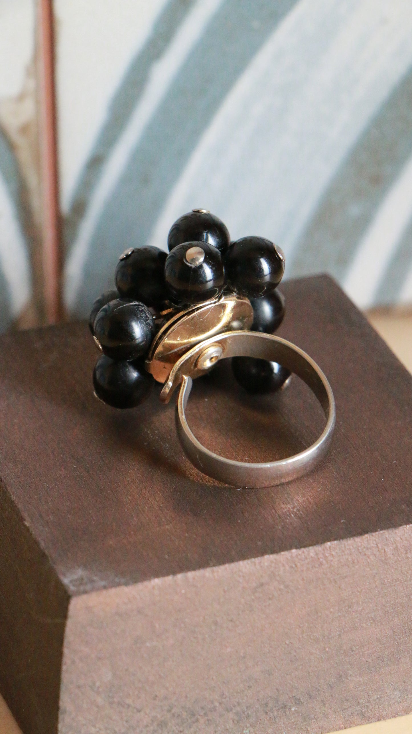Vintage Black Beaded Cocktail Costume Ring