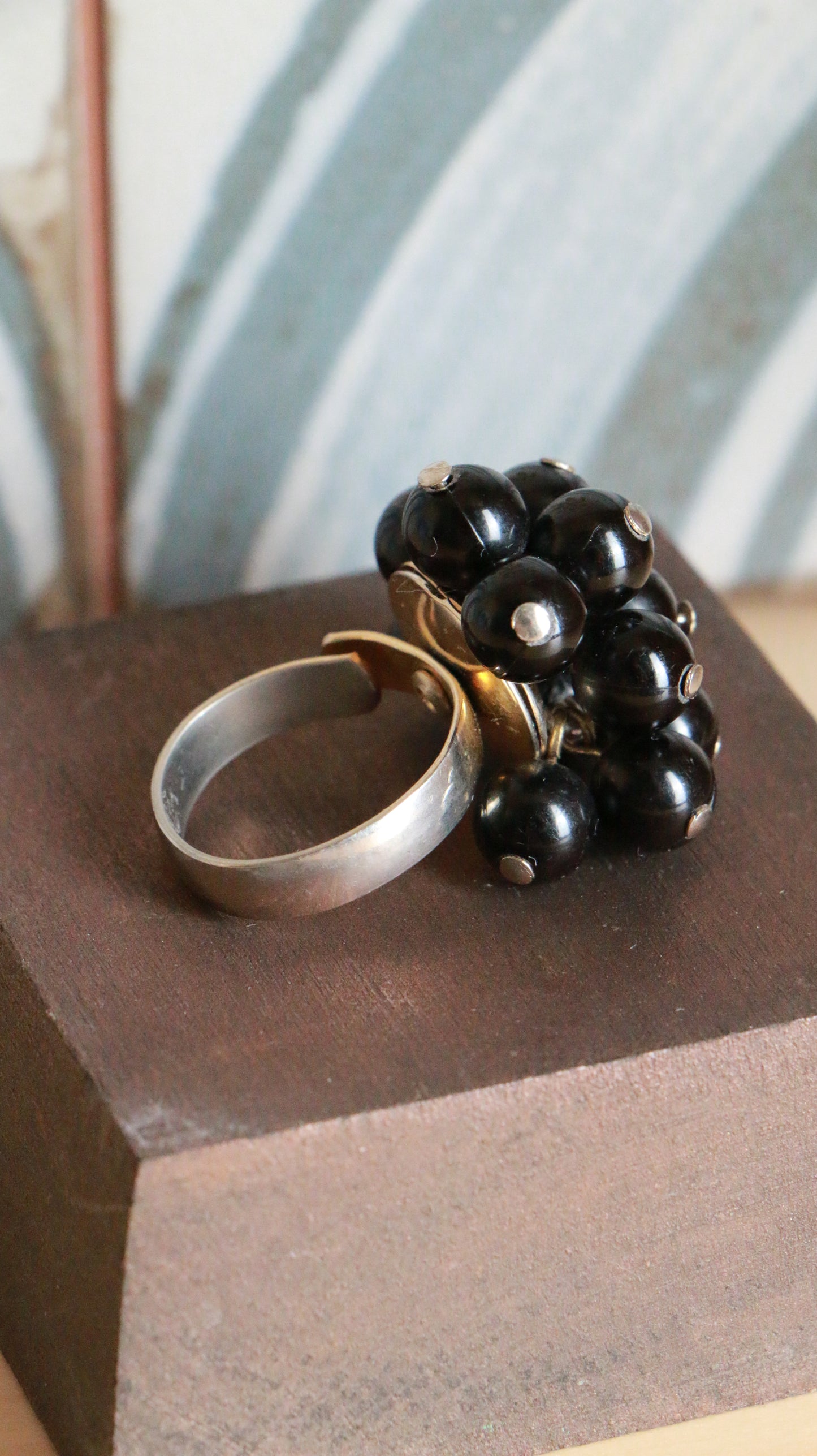 Vintage Black Beaded Cocktail Costume Ring